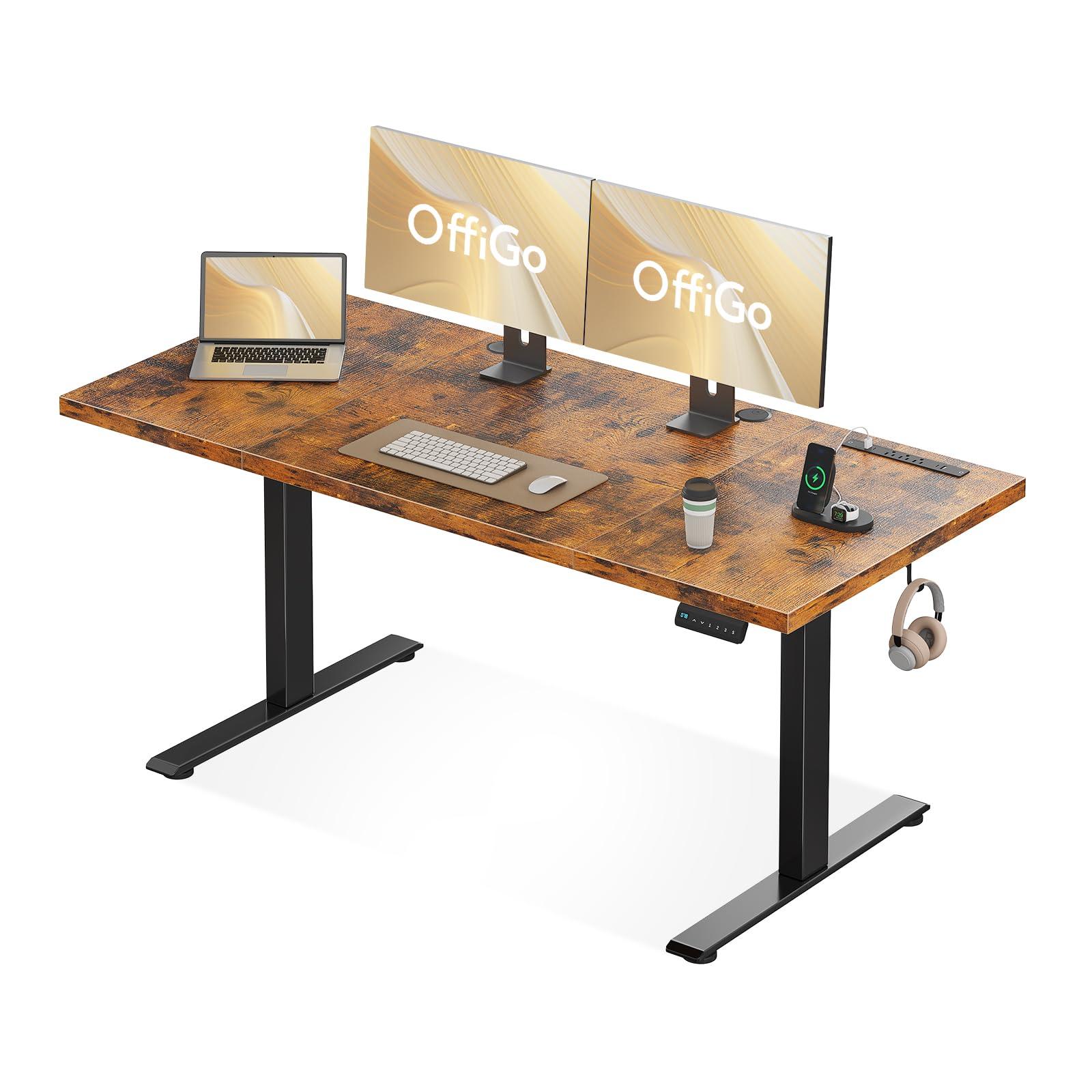 OffiGo Electric Standing Desk with 3-Piece Board, 71 Inch Height Adjustable Large Desk with Power Outlets, Sit Stand Table, Writing Computer Desk for Home, Office, Workstation, Rustic Brown
