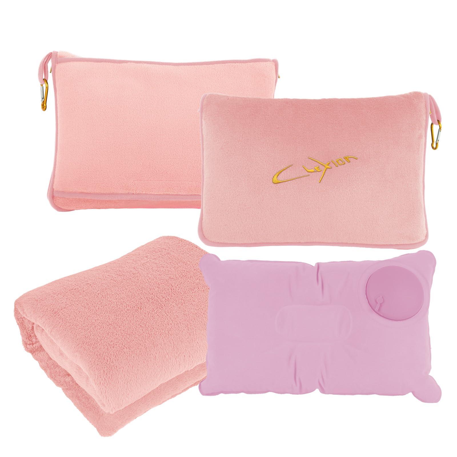 CLEXION 3 in 1 Travel Pillow and Blanket Set, Premium Soft 300 GSM Thick Airplane Blanket Compact with Bag for Long Trips Essentials, Hand Luggage Sleeve and Backpack Clip (Pink)