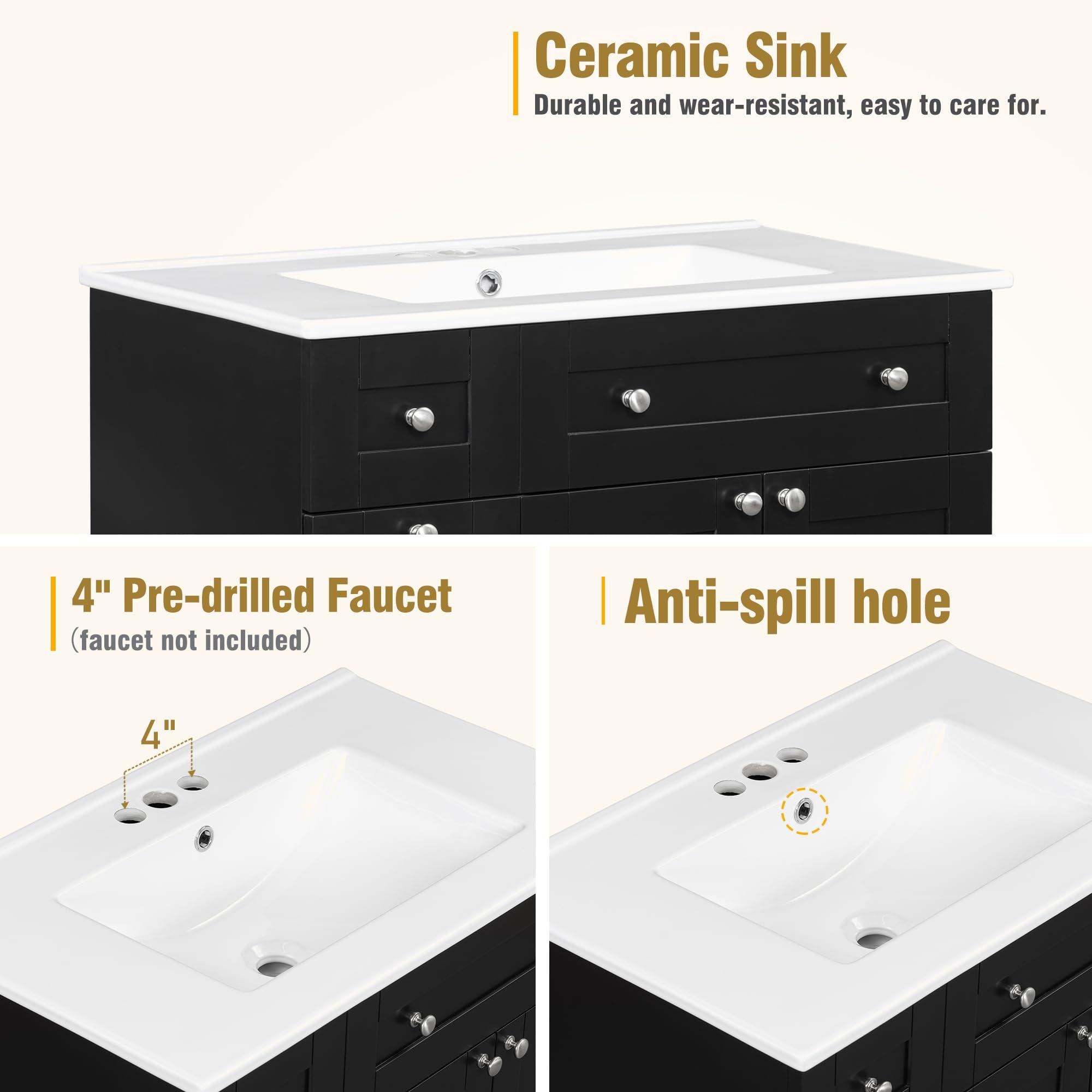 30" Bathroom Vanity with Sink, Modern 30 Inch Vanity with Top for Bathroom, Bathroom Vanity and Sink Combo with Storage Cabinet and Double-Tier Deep Drawer, No Mirro (Black) - Image 8