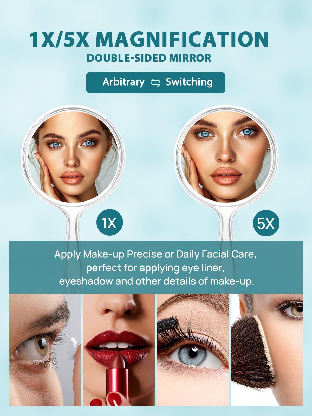Macaki Hand Mirror, Double-Sided 1X/5X Magnifying Mirror with Handle, Acrylic, 8.3" L x 4.5" W, Clear, Pack of 1 - Image 4