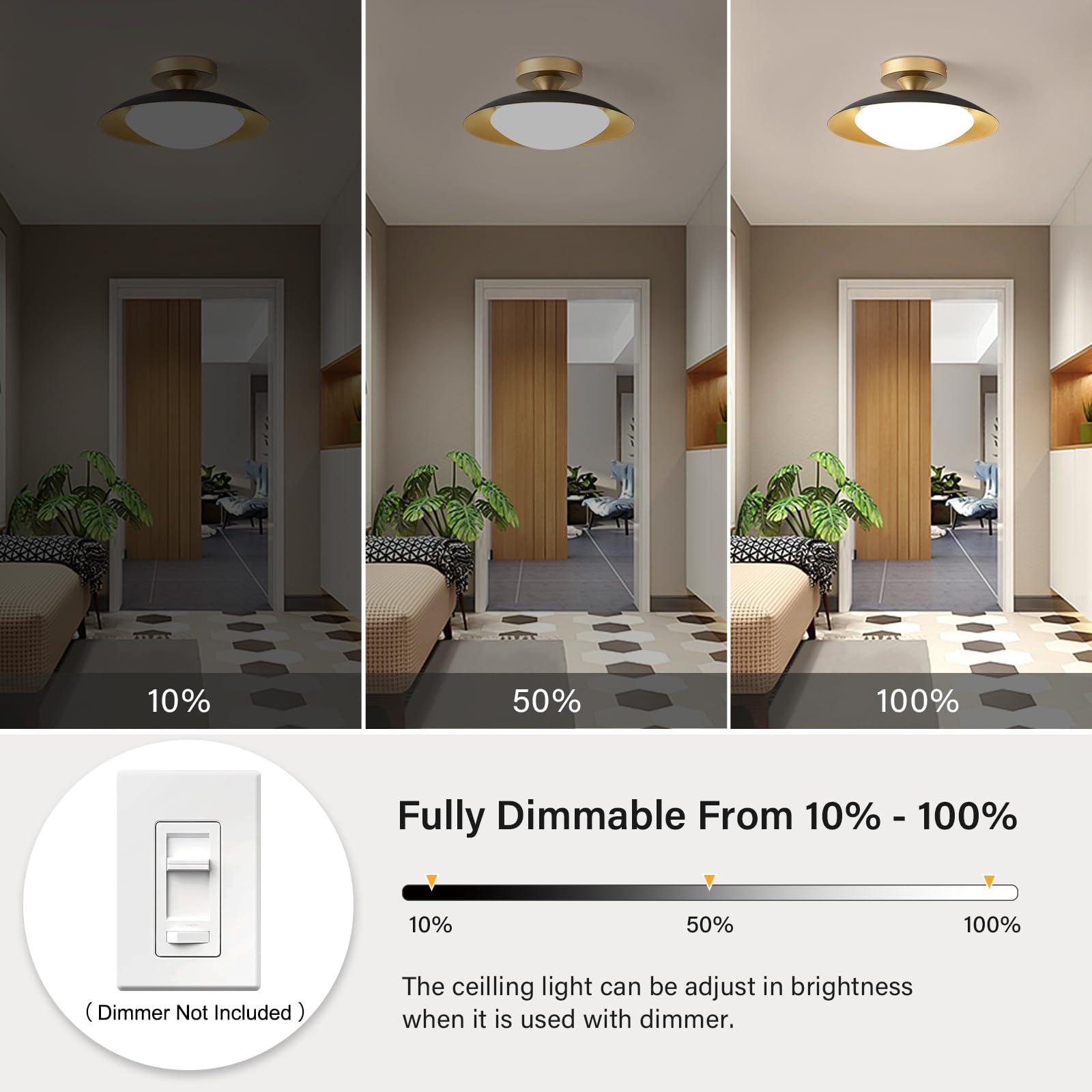 Dimmable Modern Mid-Century Ceiling Light, Black and Gold LED Semi Flush Mount Ceiling Light, 5CCT 2700K-6000K Lighting Fixture Ceiling Lamp with Acrylic Shade for Bedroom Hallway Kitchen, 11.8in - Image 3