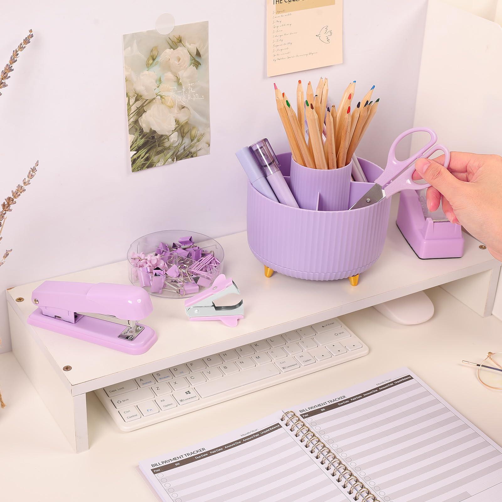 SKYDUE Purple Office Supplies Set, Purple Office Desk Accessories 10PCS, Pencil Holder for Desk, Stapler, Tape Dispenser, Scissors, Ruler, Binder/Paper Clips and 1000pcs Staples,Desk Supplies Set - Image 2