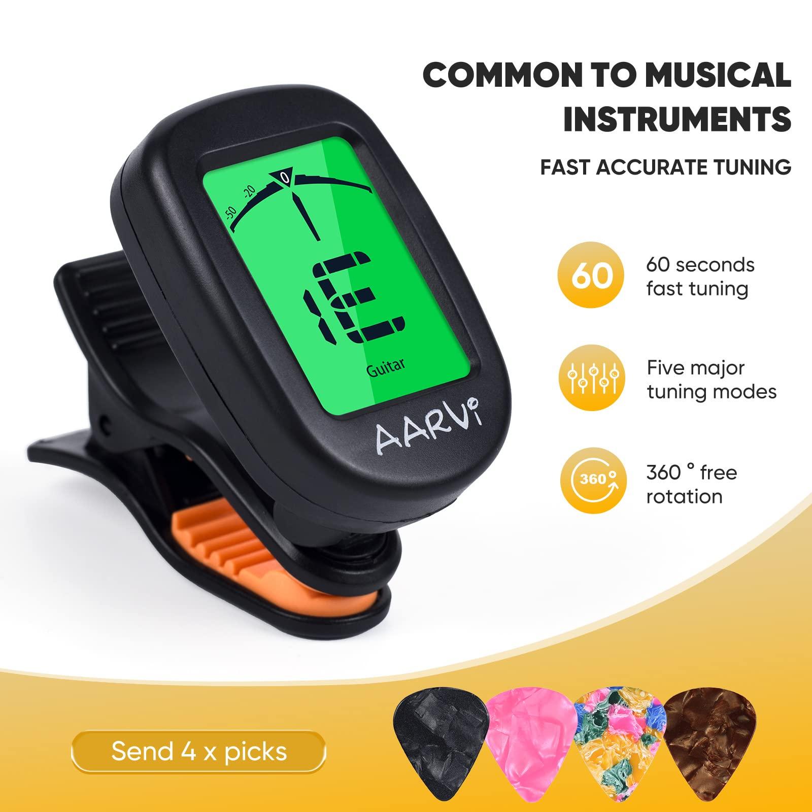 AARVI Clip On Guitar Tuner for All Instruments, Acoustic/Electric Guitar, Ukulele, Bass, Violin, Banjo, Large Clear LCD Display for Guitar Tuning, Chromatic Tuner, 4 Pack Guitar Picks Included - Image 2