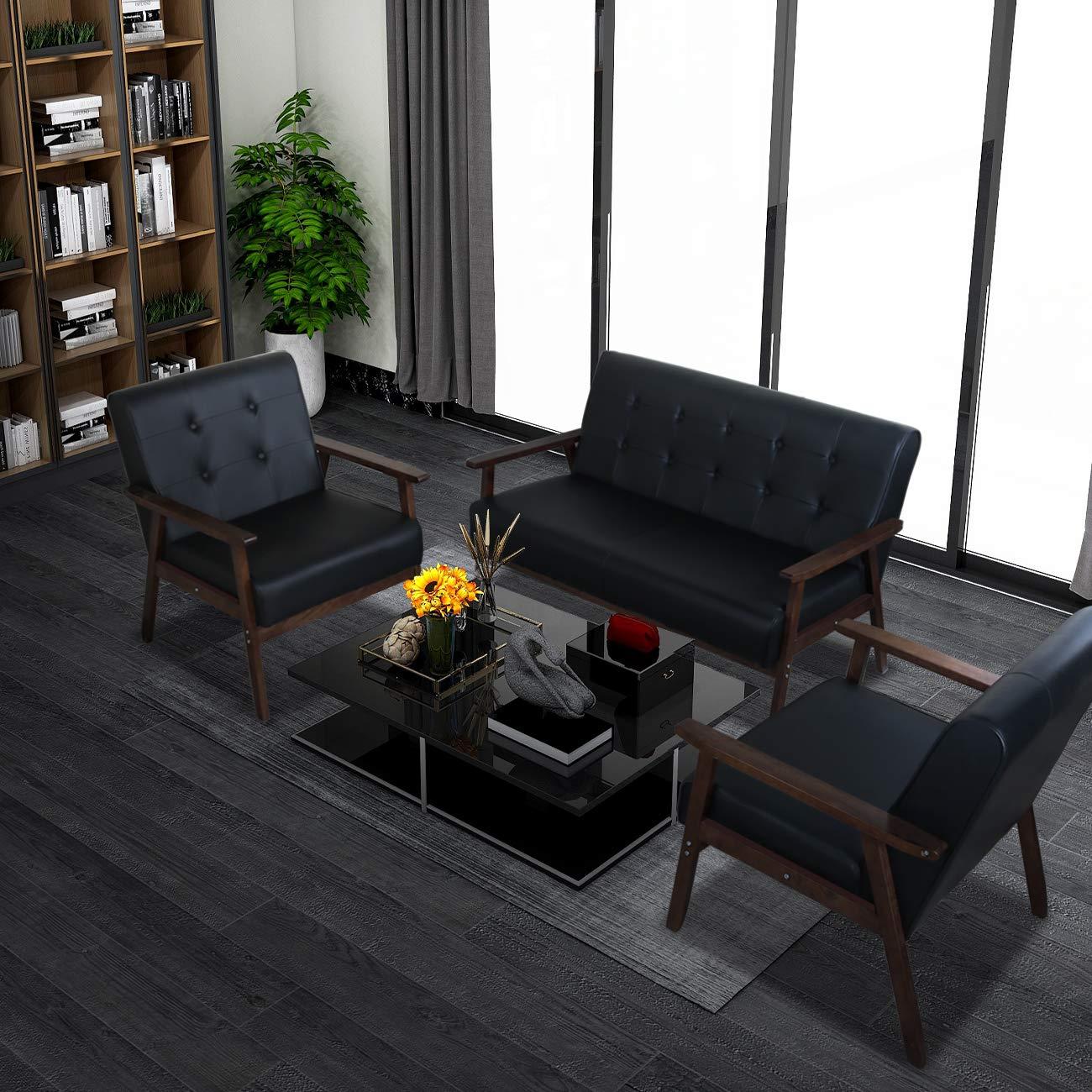JIASTING Mid Century 1 Loveseat Sofa and 2 Accent Chairs Set Modern Wood Arm Couch and Chair Living Room Furniture Sets (8428 Black Set) - Image 3