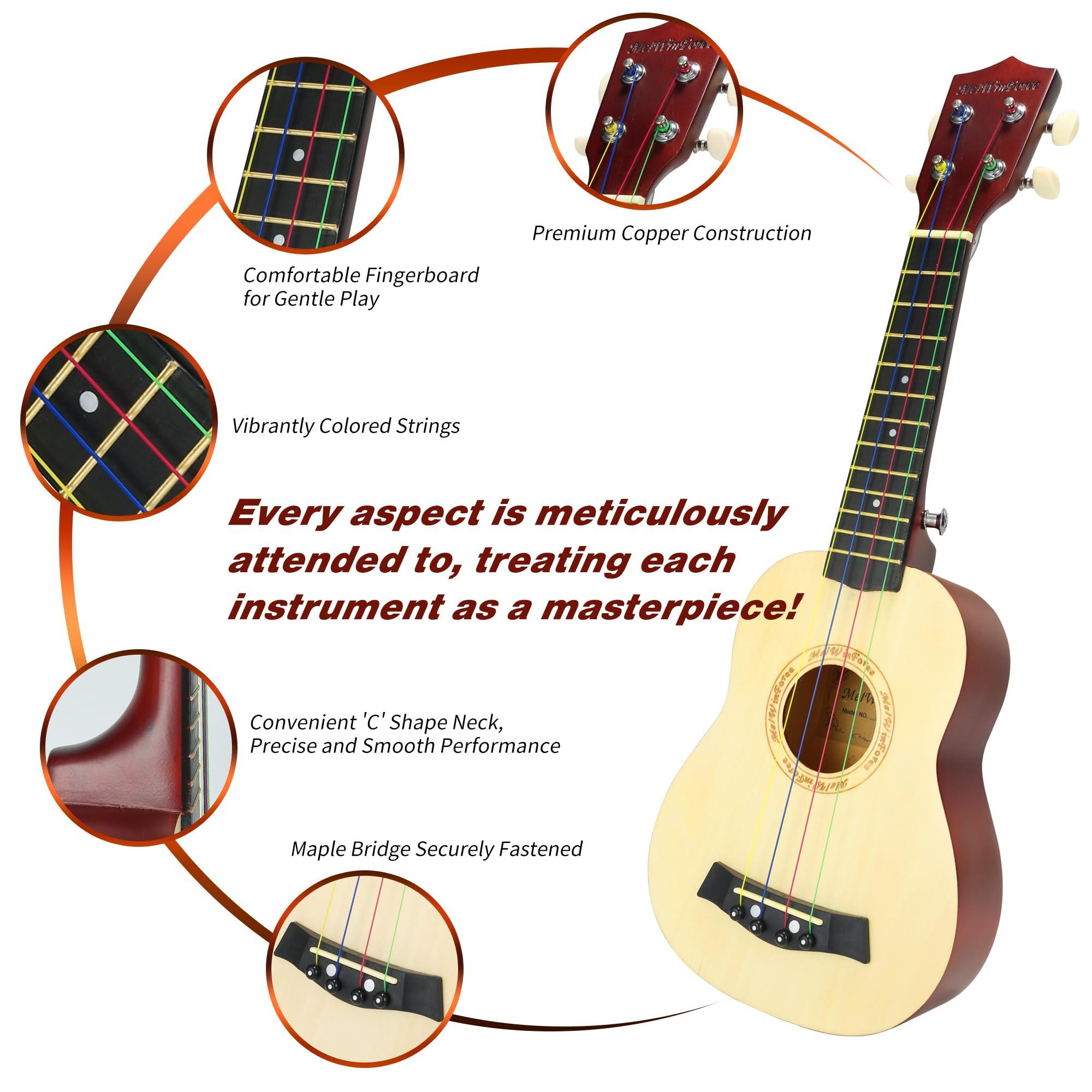 MelWinForee Soprano Ukulele 21 - Beginner Kit for Kids, Complete with Gig Bag, Strap, Tuner, Strings, Picks, Cloth - Ideal for Concerts, Left-Handed Friendly - Perfect Beginner Ukulele - Image 2