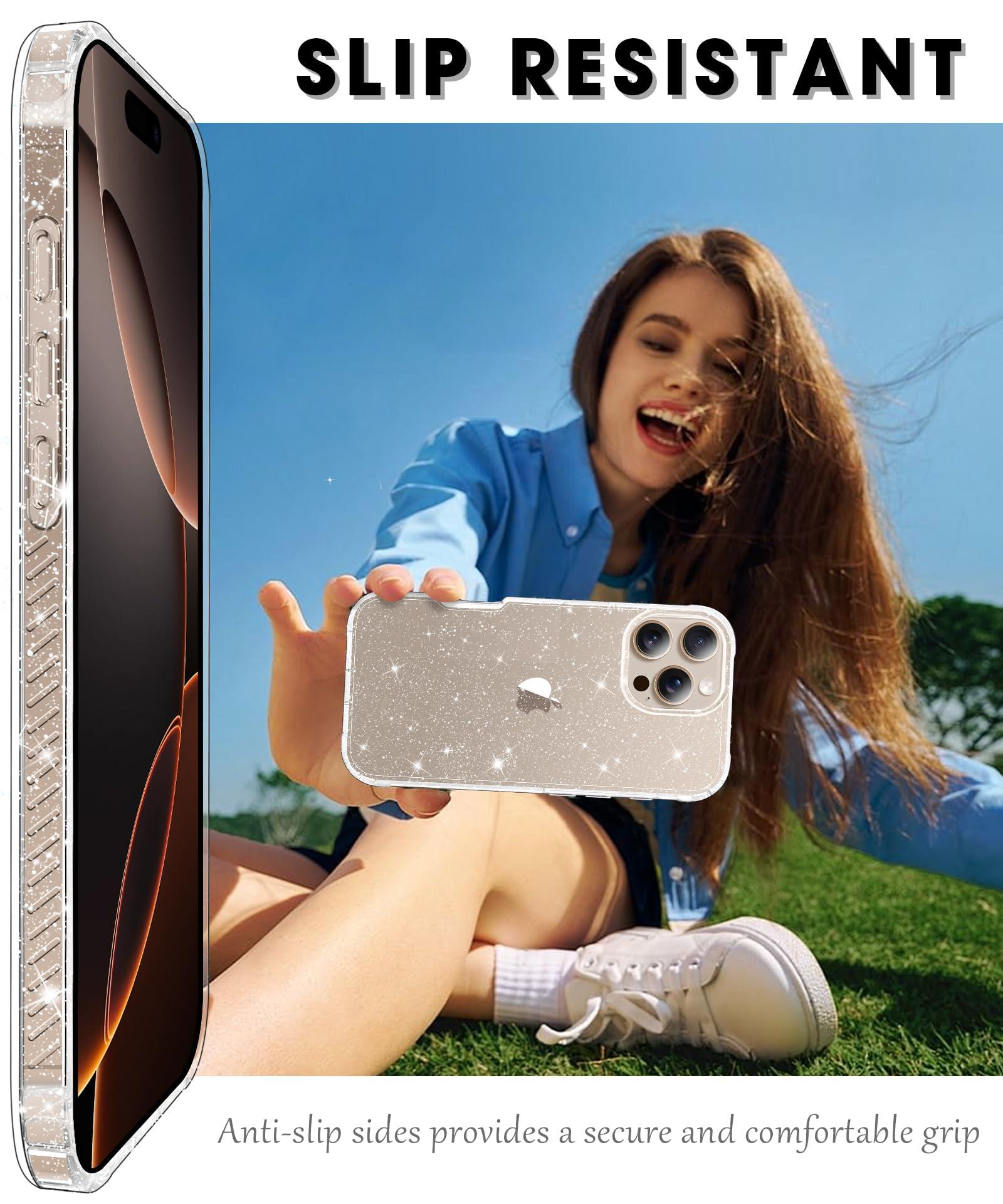 MIODIK for iPhone 16 Pro Case Clear Glitter, with Screen Protector + Camera Lens Protector, [Non-Yellowing] Shockproof Protective Phone Case, Women Girl Cover for iPhone 16Pro 6.3" - Sparkle Clear - Image 3