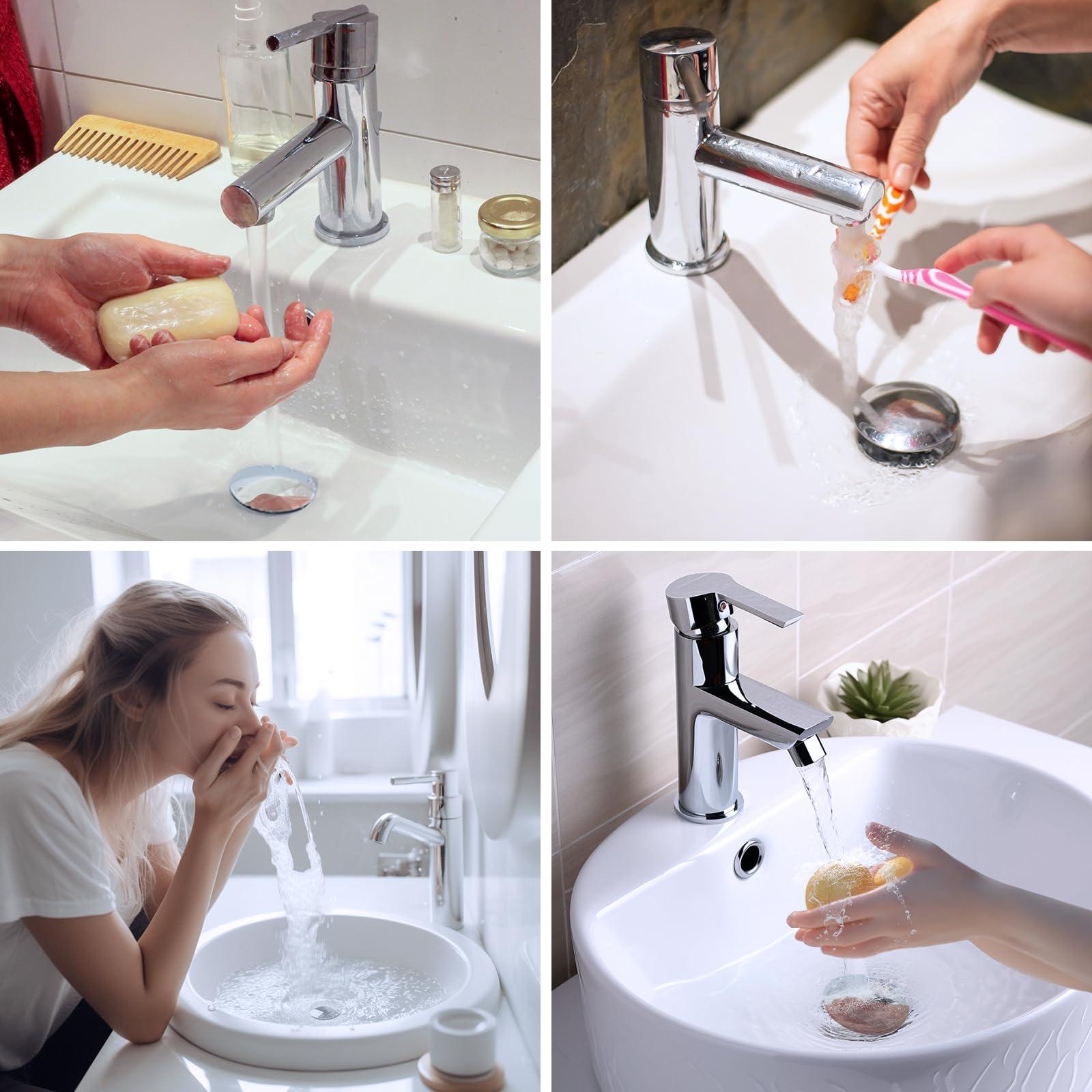 Hibbent All Metal 2 in 1 Bathroom Sink Stopper, Universal Pop Up Drain Strainer, Brass Bullet Core Push Type Sink Stopper for 1.1''~2.3'' Basin, Big Push Button, Anti Clogging Drain Filter, Chrome - Image 9