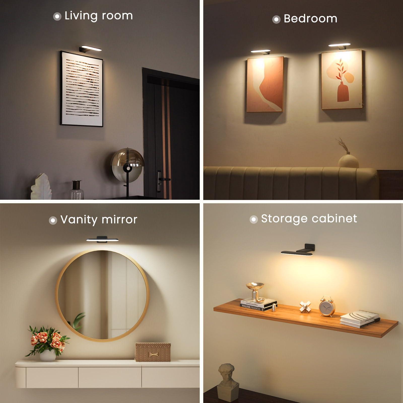 FULEN 2 Pack Picture Lights for Wall,Battery Operated Wall Sconce Rechargeable,LED Wall Light Cordless with Remote,3 Color Temperature, Art Lights for Painting,Frame,Gallery,Dartboard Lights,Black - Image 6