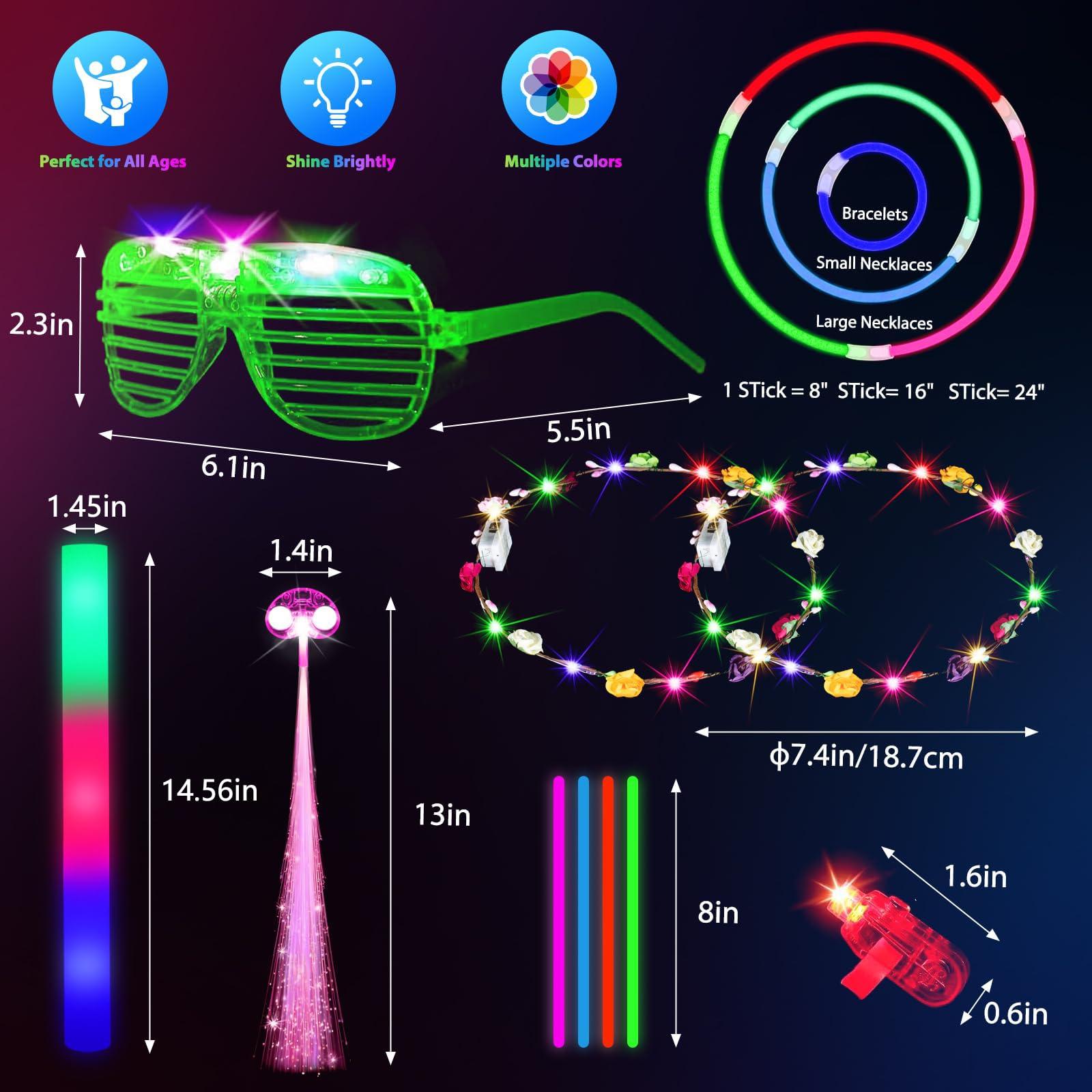302 PCS Glow in the Dark Party Supplies, 20 LED Hair Clips Fiber Optic, 16 LED Glasses, 16 Foam Glow Sticks, 10 Light Up Flower Crowns, 40 Finger Lights,200 Glow Sticks for Glow Party Wedding Birthday - Image 3