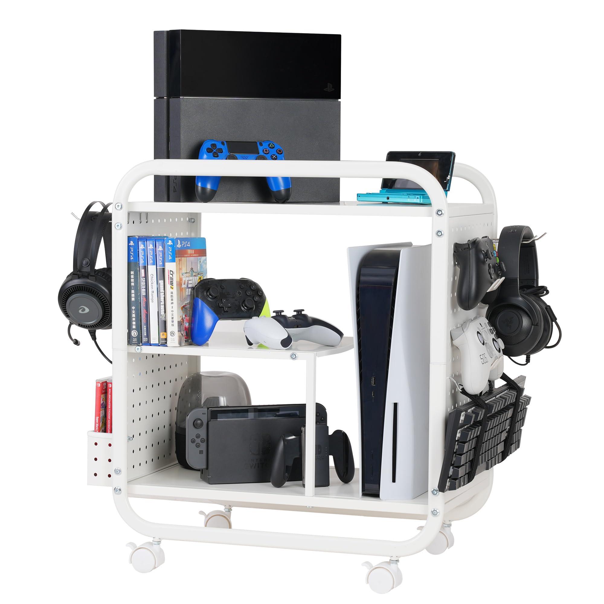PLKOW Video Game Organizer, Rolling Video Game Storage Rack for Xbox/Switch/PS4/PS5 Accessories, Game Consoles Stand Controllers Holder, Perfect Holiday Present (White)