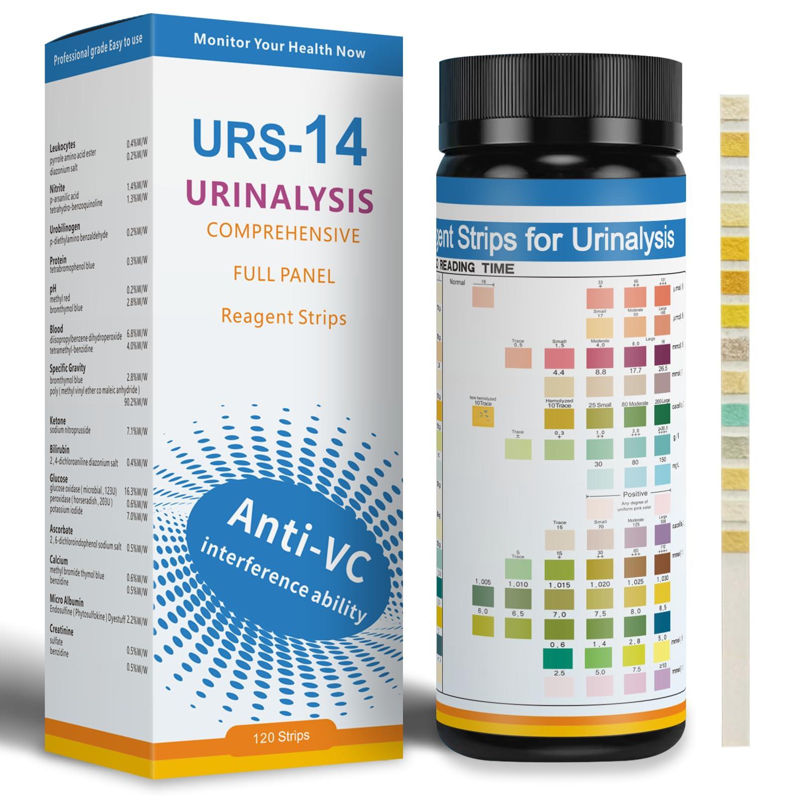 14-Panels Urinalysis Test Strips | 120 Strips, Urinalysis and Detection for Kidney, Liver, UTI, Ketosis - SG, PRO, BIL, KET, CRT +9 More