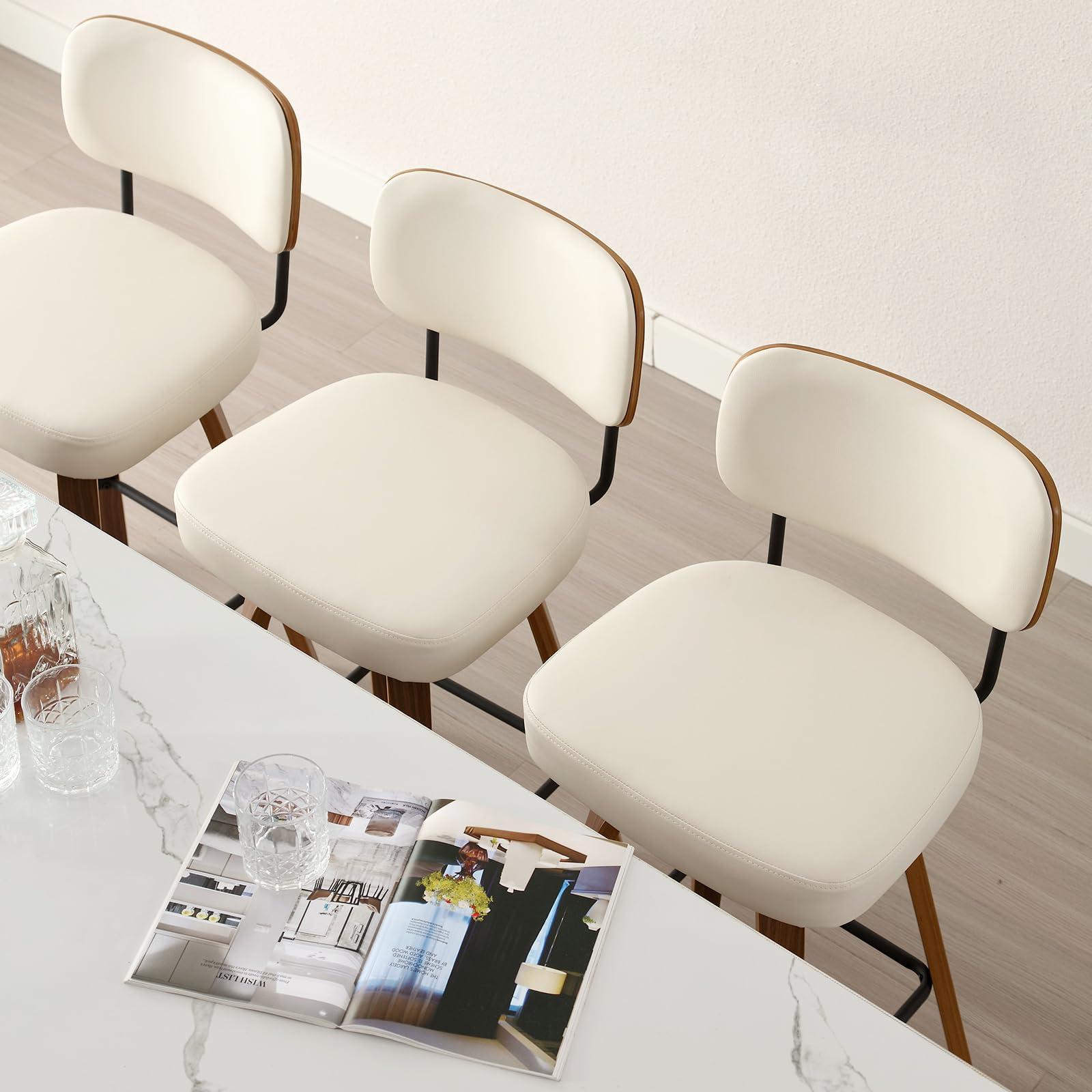 Bekrvio Swivel Counter Height Bar Stools Set of 4, 26" Upholstered Faux Leather Barstools with Back and Bent Wood Legs, Mid Century Modern Bar Chair Island Stool for Kitchen Counter, Cream White - Image 3