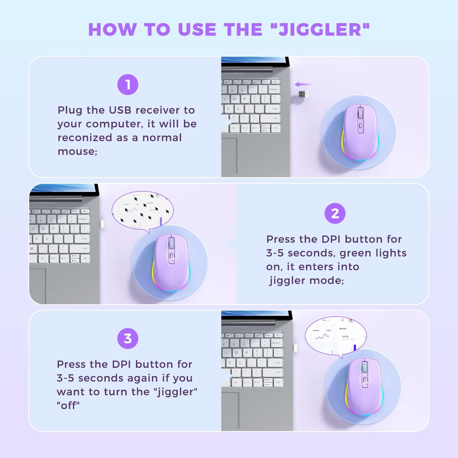 Wireless Mouse Jiggler - LED Wireless Mice with Build-in Mouse Mover, Rechargeable Moving Mouse for Laptop with Undetectable Random Movement Keeps Computers Awake - Purple - Image 2