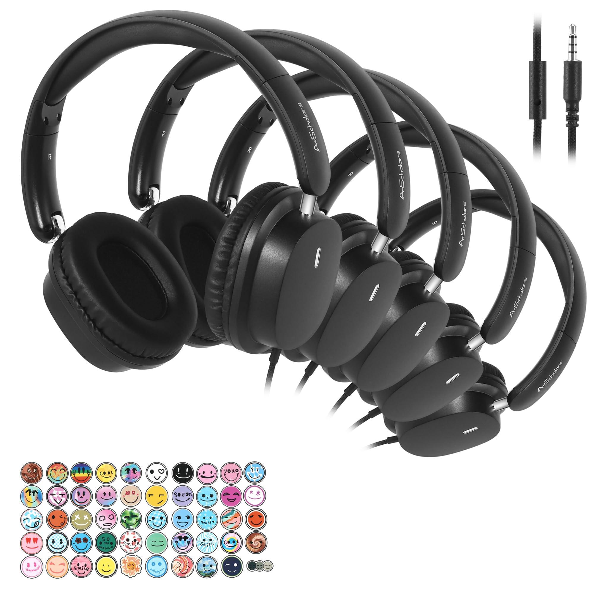 A+ Scholars Kids Headphones for School Bulk Set 5-Pack Over-Ear, Foldable, 3.5mm Jack, Wired Earphones for Classroom, Library, Airplane, for Online Learning and Travel (Black)