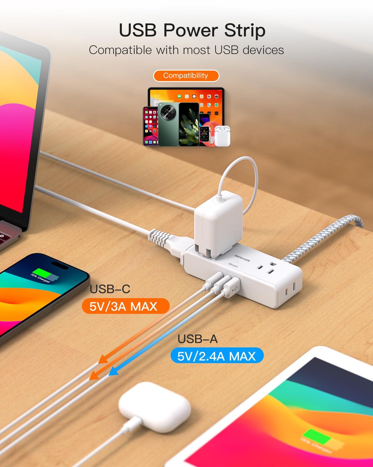 Flat Extension Cord 6 feet, Flat Plug Power Strip, 4 Widely Outlets with 3 USB Ports (2 USB C), 3 Side Outlet Extender with Extension Cord with Multiple Outlets for Home, Office, Dorm Room Essentials - Image 6