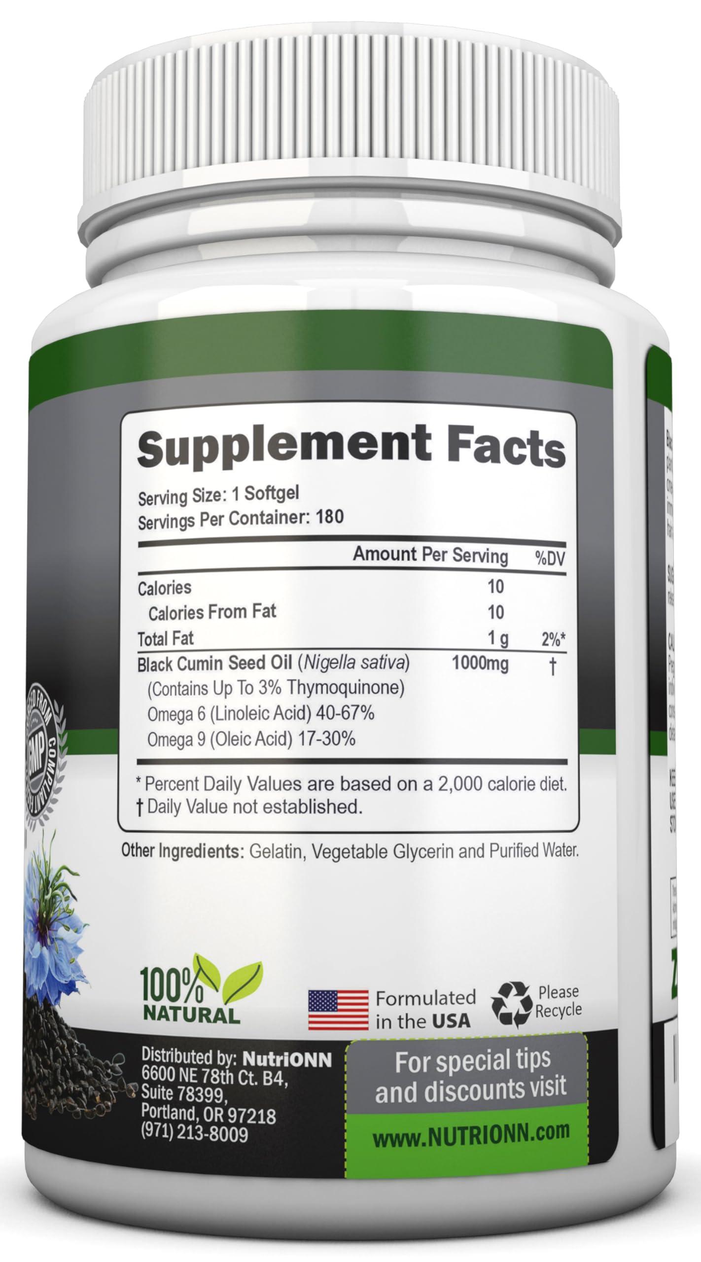 Black Seed Oil - 1000 Mg - 180 Softgels - Cold-Pressed Non-GMO Black Cumin Seed Capsules - Super High Thymoquinone Content - Nigella Sativa - Rich in Omega 6 & 9 Fatty Acids - Immune Health Support - Image 2