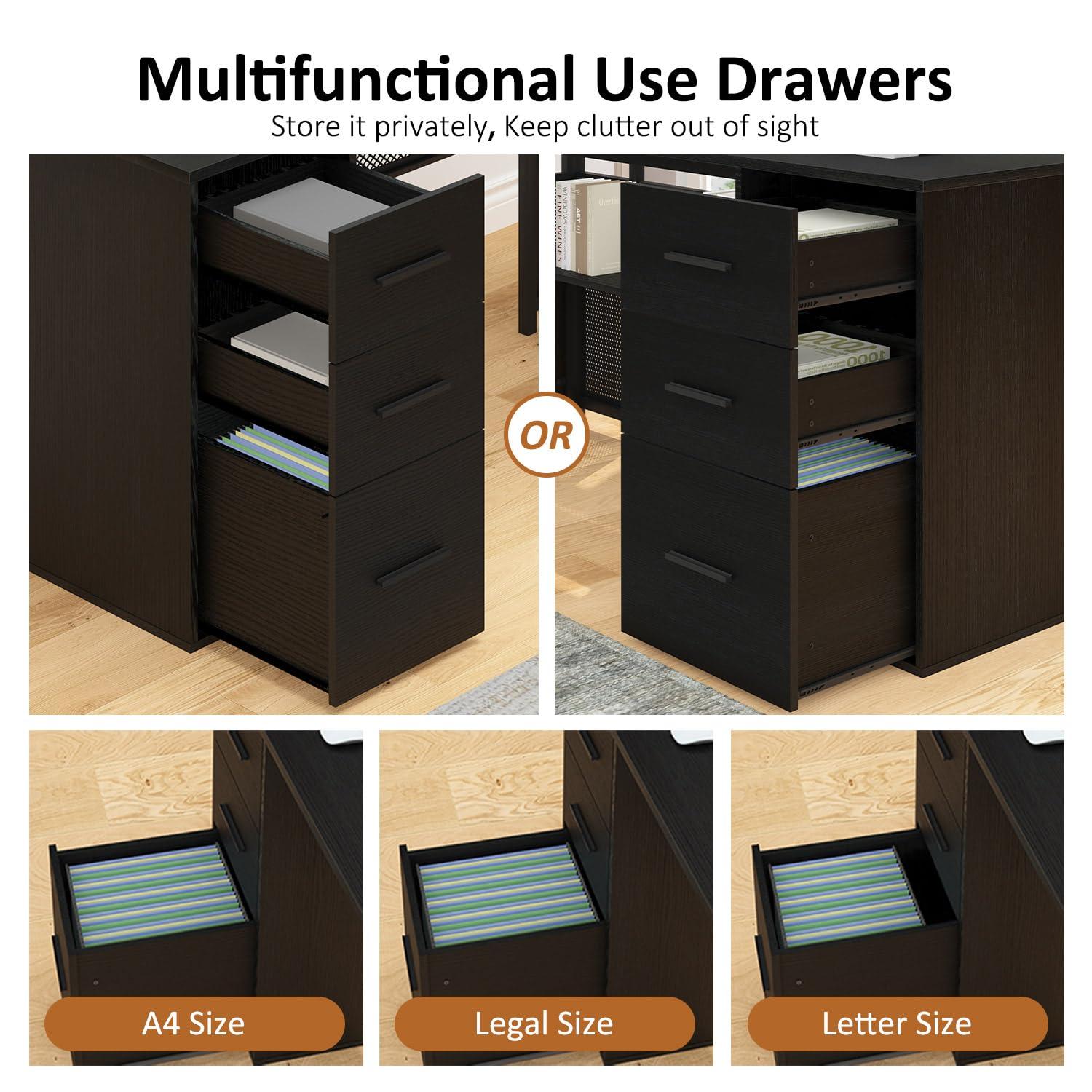 HSH Black L Shaped Desk with File Drawers Shelves, Reversible Corner Metal Wood Computer Desk with Storage Cabinet, Modern Large Executive Work Writing Study Table for Home Office Bedroom, 59 Inch - Image 7