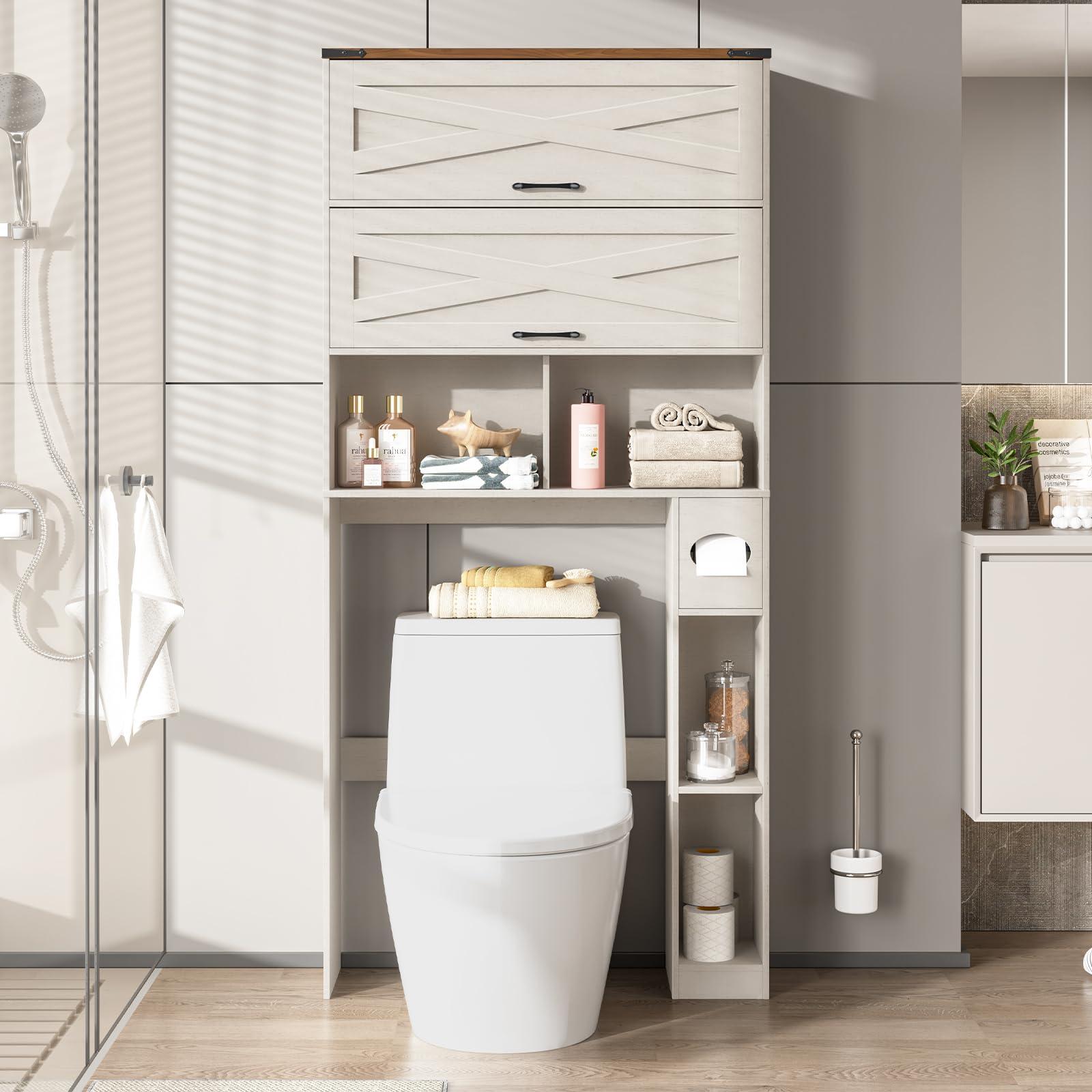 Vabches Over The Toilet Storage Cabinet, Farmhouse Bathroom Cabinet Over Toilet with Paper Holder, Bathroom Storage Organizer with Flip Doors, White - Image 3