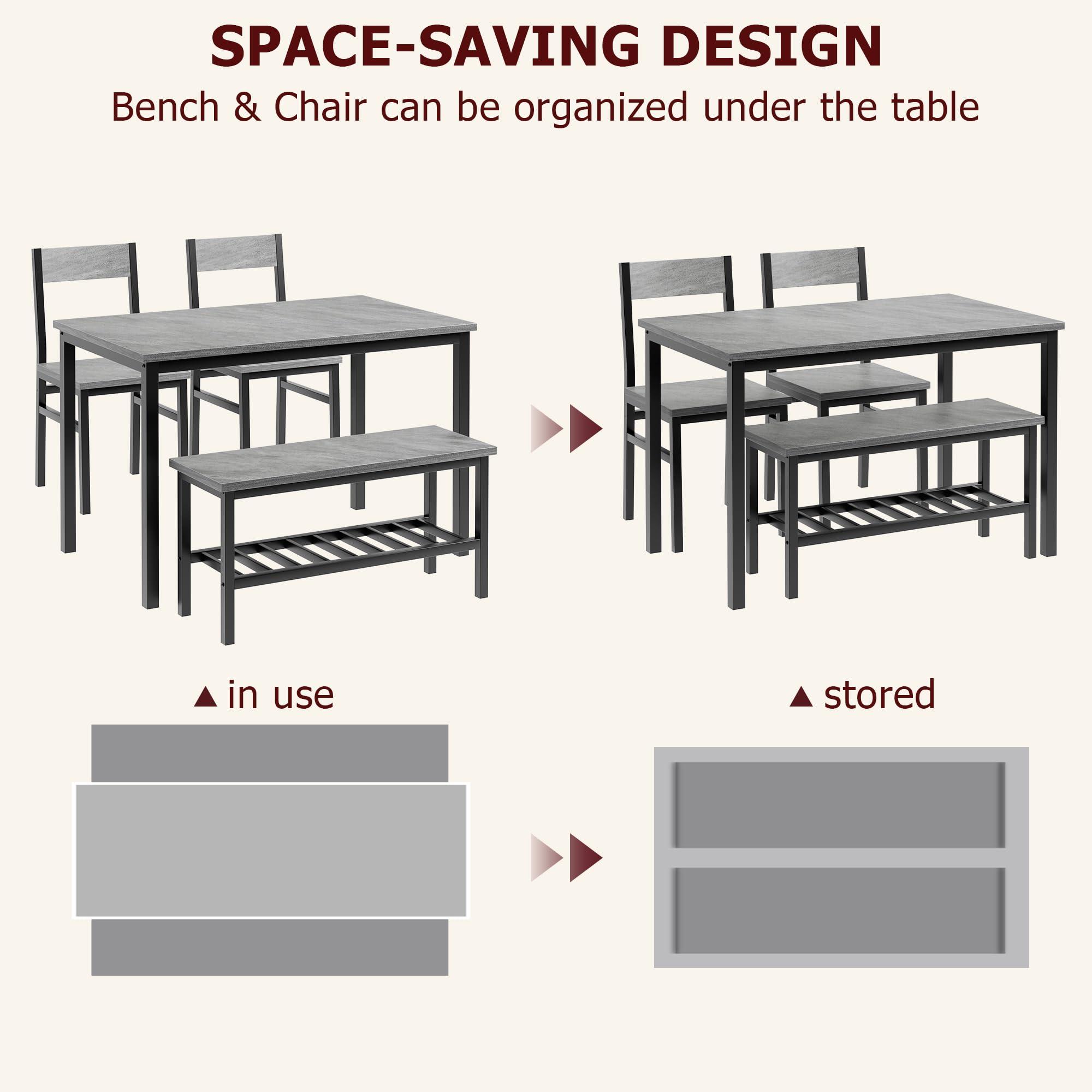 GarveeHome Dining Table Set for 4, Modern Kitchen Table with Chairs and Bench for Small Space, 4-Person Dining Room Table Set with Metal Frame and Storage Rack, Dinette Set for Apartment - Image 4
