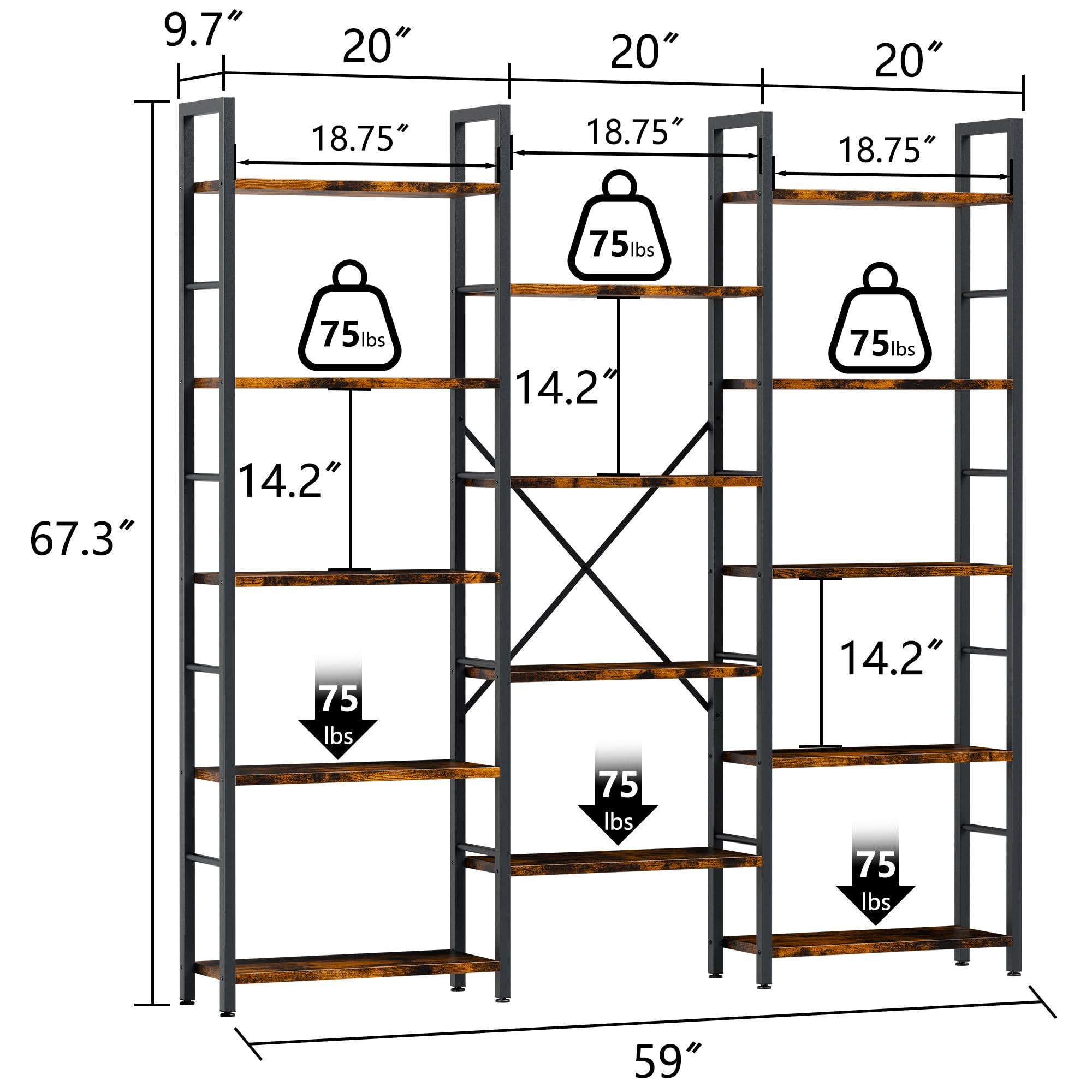 Shintenchi Triple 5 Tier Bookshelf, Industrial Large Bookcase with 14 Open Display Shelves, Large Etagere Bookshelf,Wide Book Shelf Book Case for Home & Office, Rustic Brown - Image 2