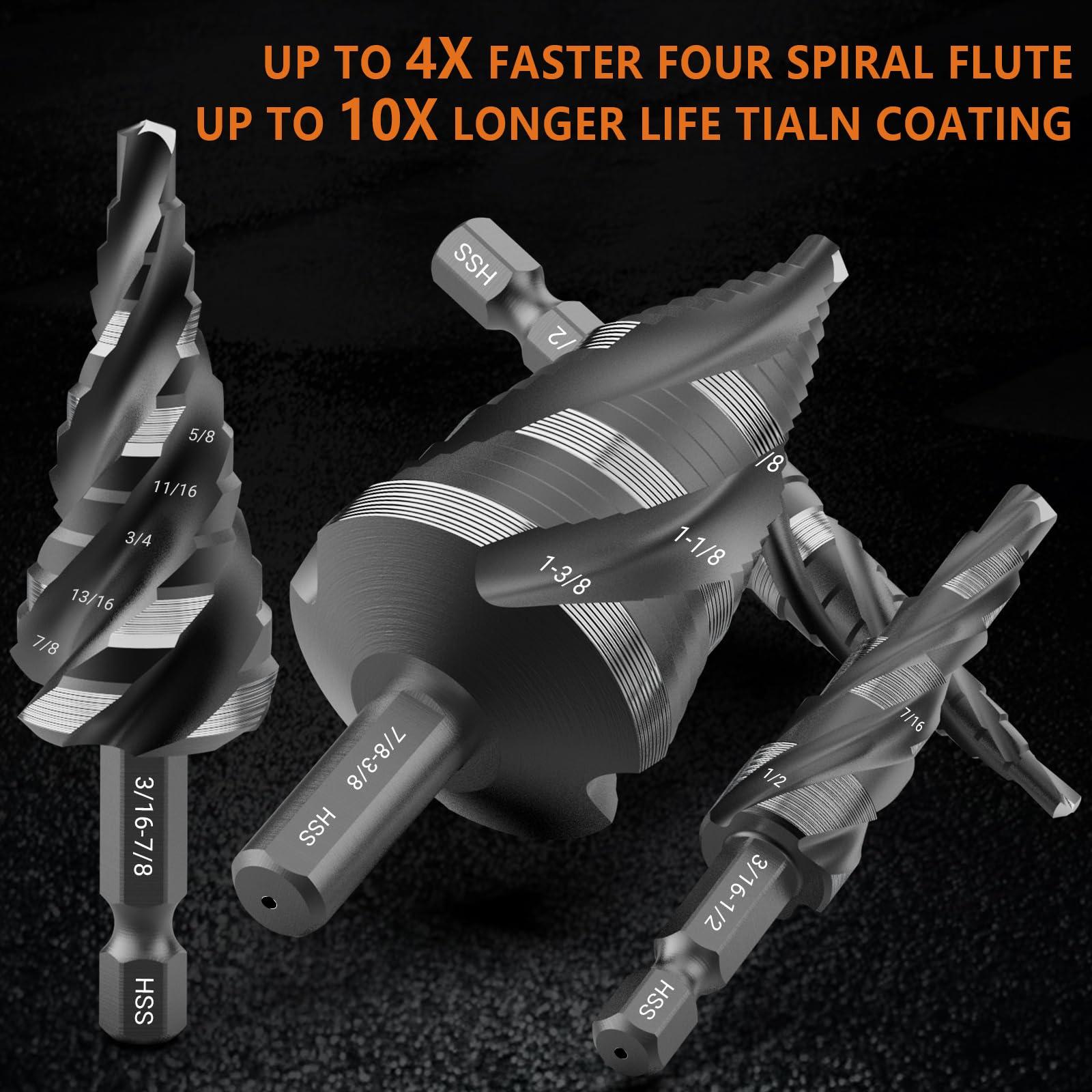 MABLEVI 5 Pcs Four Spiral Flute Step Drill Bit Set, 1/8"-1-3/8" HSS Unibit Step Drill Bit, 1/4" and 3/8" Shank Step Bit for Metal, Stainless Steel, Aluminum, Wood, Plastic - Image 6