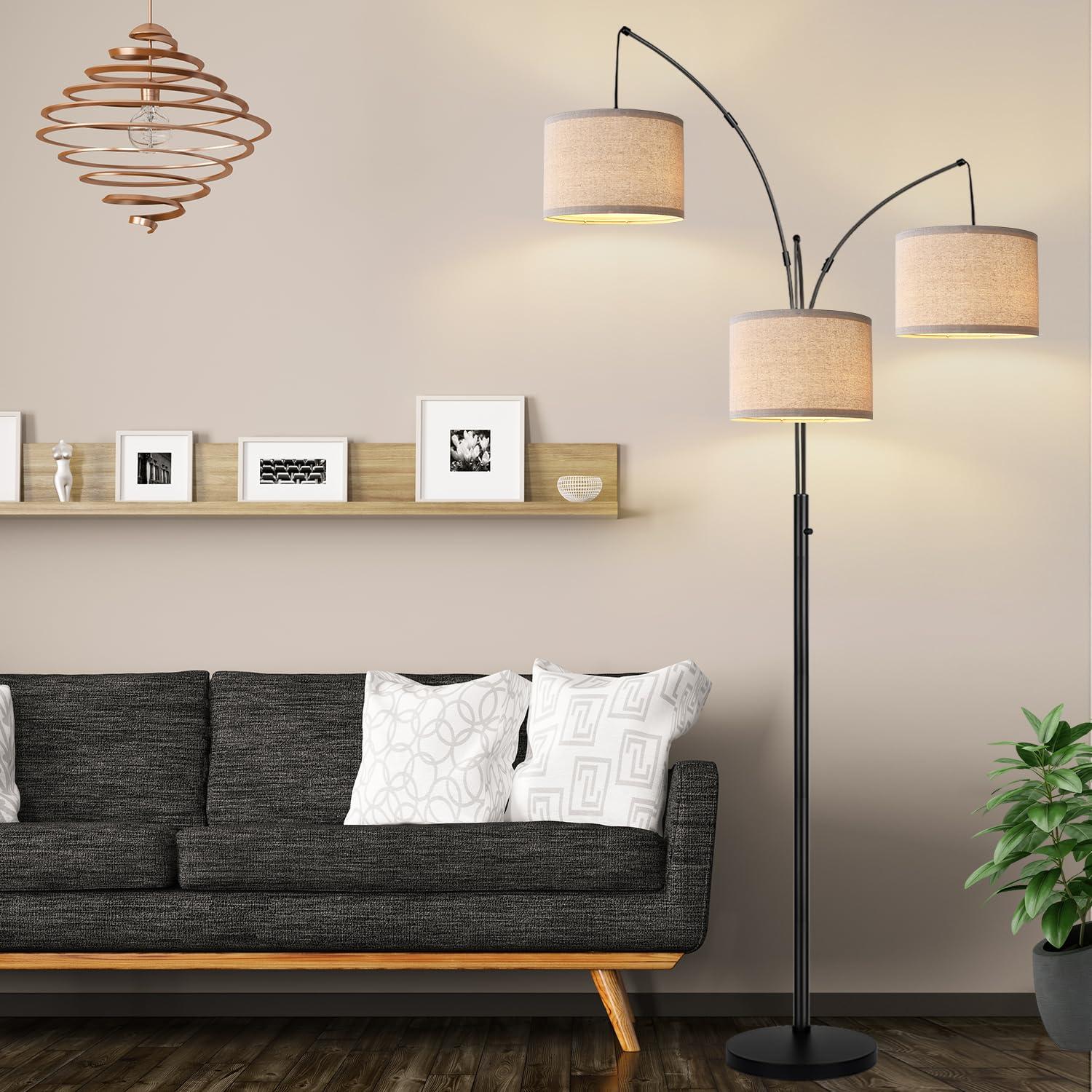 Dimmable Floor Lamp - 3 Lights Arc Floor Lamps for Living Room, 1000LM Modern Tall Standing Lamp With Beige Shades & Heavy Base, Mid Century Tree Floor Lamp for Bedroom Office, 3 LED Bulbs Included - Image 7