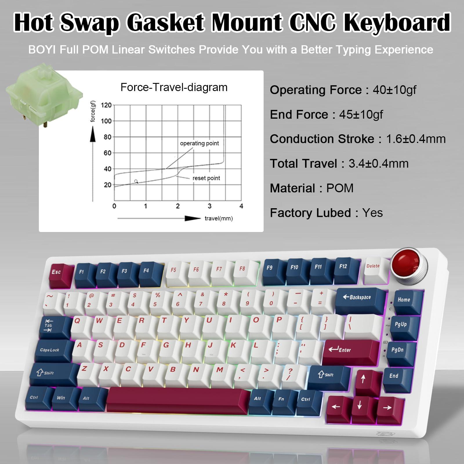 BOYI YK82 Aluminum Alloy Mechanical Keyboard,75% RGB Gasket-Mounted BT5.0/2.4G/Type-C Wired Tri-Mode Hot-Swap Programmable PBT Keycaps Gaming Keyboard with Knob for MAC/Win(Ruby Red PBT Keycaps) - Image 3