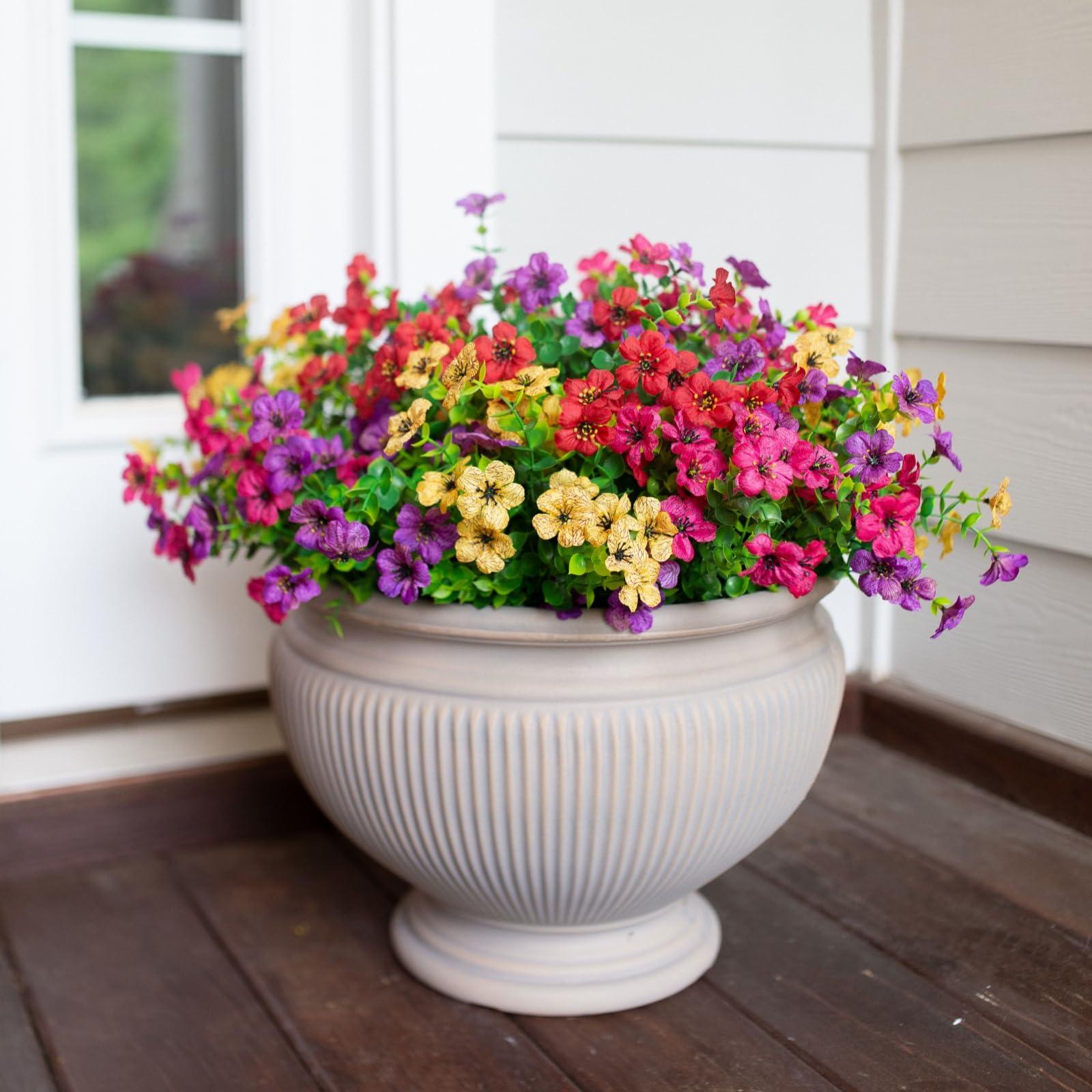 HyeFlora Artificial Flowers for Outdoor Indoor Garden Home Decoration, Faux Flower Daisy with Eucalyptus Leaves Fake Plants Greenery Boxwood Porch Patio, 12 Bundles (Mix Pink Red Purple Yellow) - Image 5