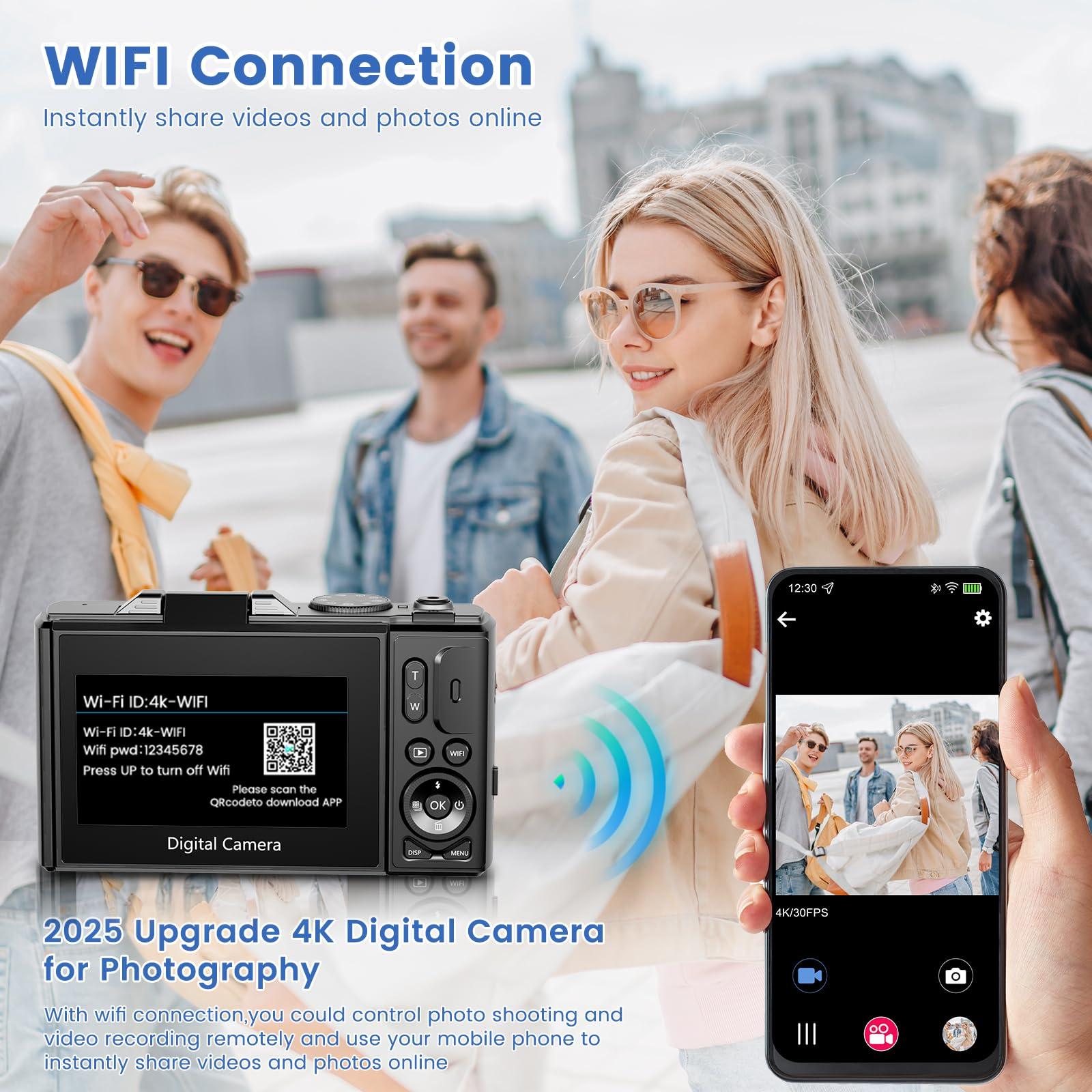 4K Digital Camera for Photography with 3" 180°Flip Screen,64MP Vlogging Camera for YouTube, HD WiFi Compact Camera with Flash, 18X Digital Zoom, 32GB TF Card & 2 Batteries（Black） - Image 5