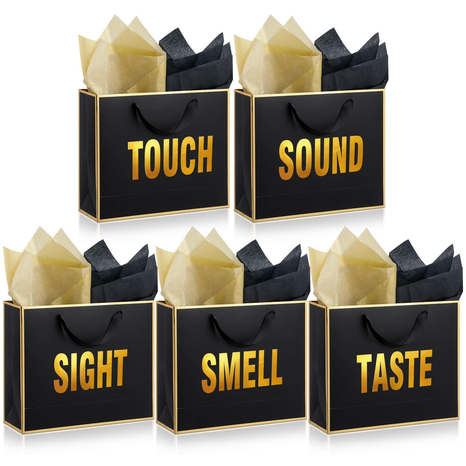 Kolldenn 5 Senses Gift Bags for Him Her Five Senses Gift Bag with Ribbon Handles and Tissue Paper Present Wrappings for Valentine Wedding Birthday Mothers Day(Black,11.8 x 10 x 4 Inch)