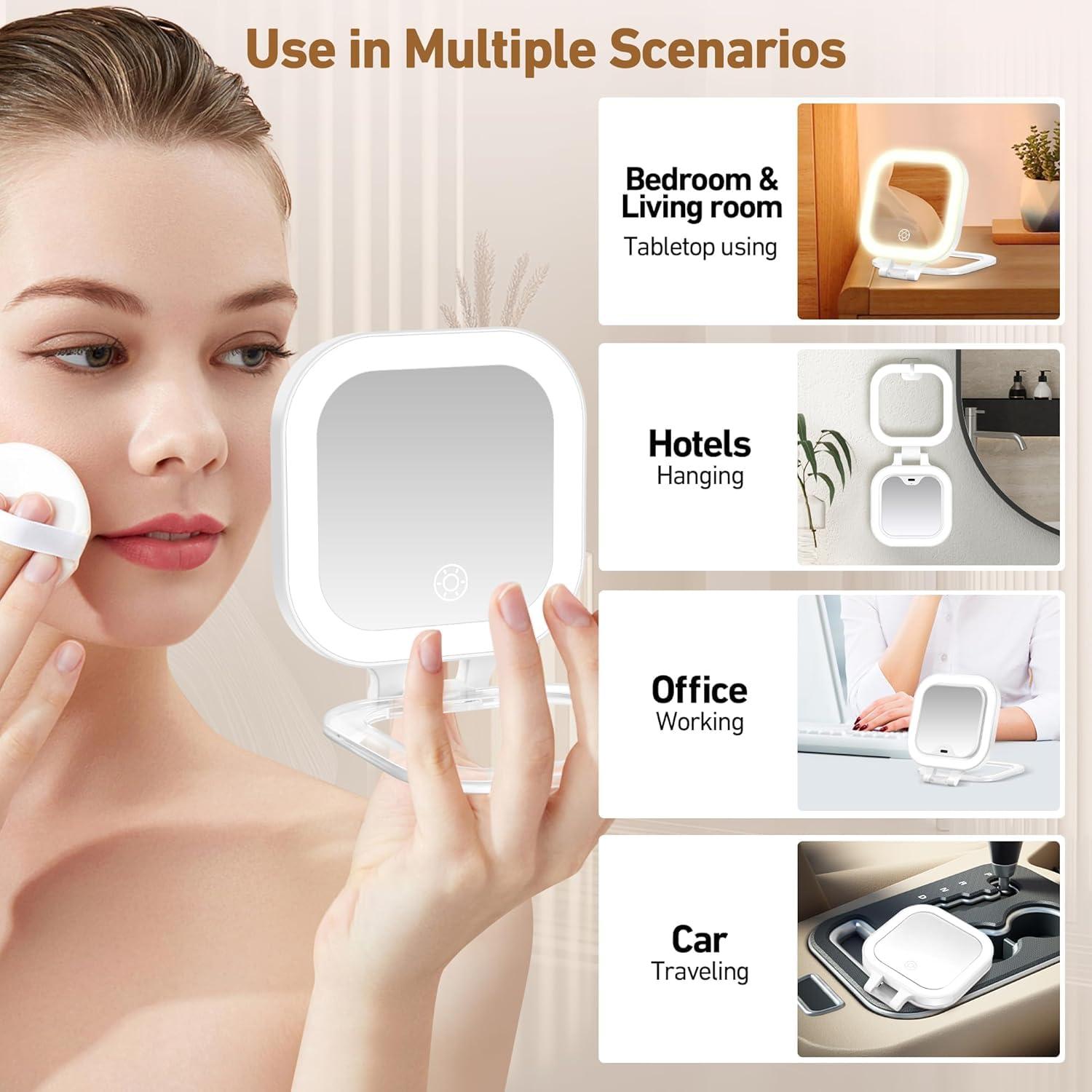 GOMIPURU Travel Mirror with Light, 1x/30x Magnifying Mirror with 3 Color Lights and Adjustable Brightness, 4.5x3.9 inch Small Compact Hangable Hand Pocket 3 Way Mirror, Comes with Tweezer - Image 7
