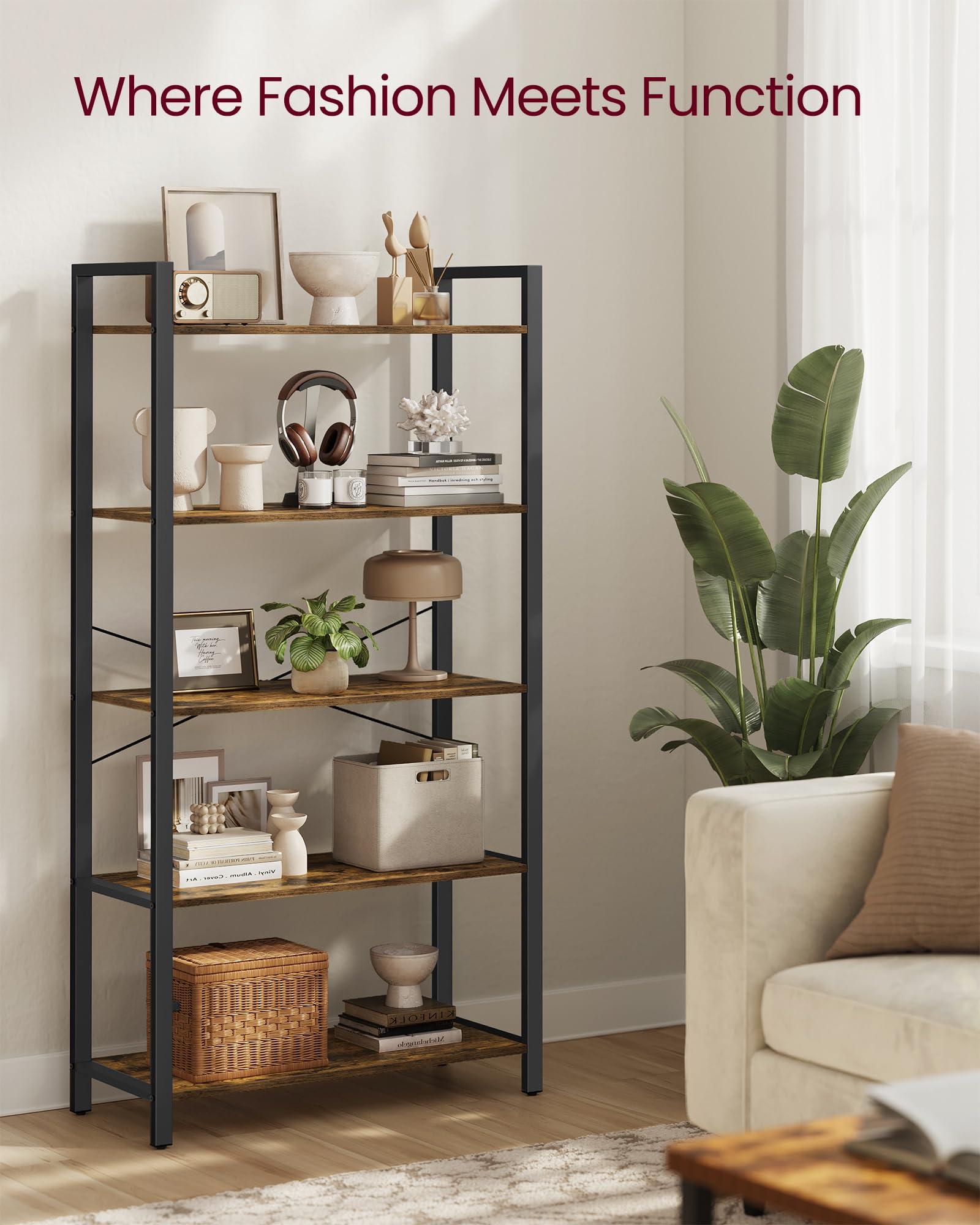 VASAGLE 5-Tier Bookshelf, Bookcase with Steel Frame, Book Shelf for Living Room, Home Office, Study, 11.8 x 31.5 x 60.2 Inches, Industrial Style, Rustic Brown and Ink Black ULLS081B01 - Image 4