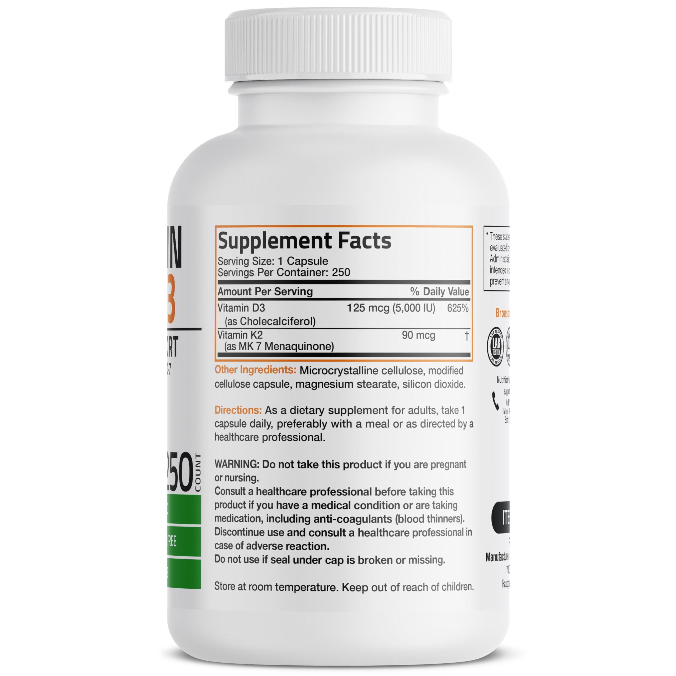 Bronson Vitamin K2 (MK7) with D3 Supplement Non-GMO Formula 5000 IU Vitamin D3 & 90 mcg K2 MK-7 Easy to Swallow D & K Complex, 250 Capsules - Image 2