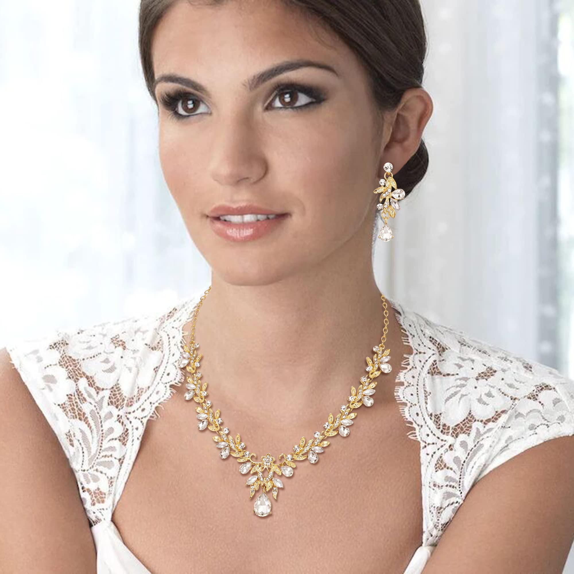 BriLove Women's Wedding Jewelery Set Leaf Flower Crystal Teardrop Marquise Cluster Pendant Necklace Dangle Earrings for Bridal Party - Image 2
