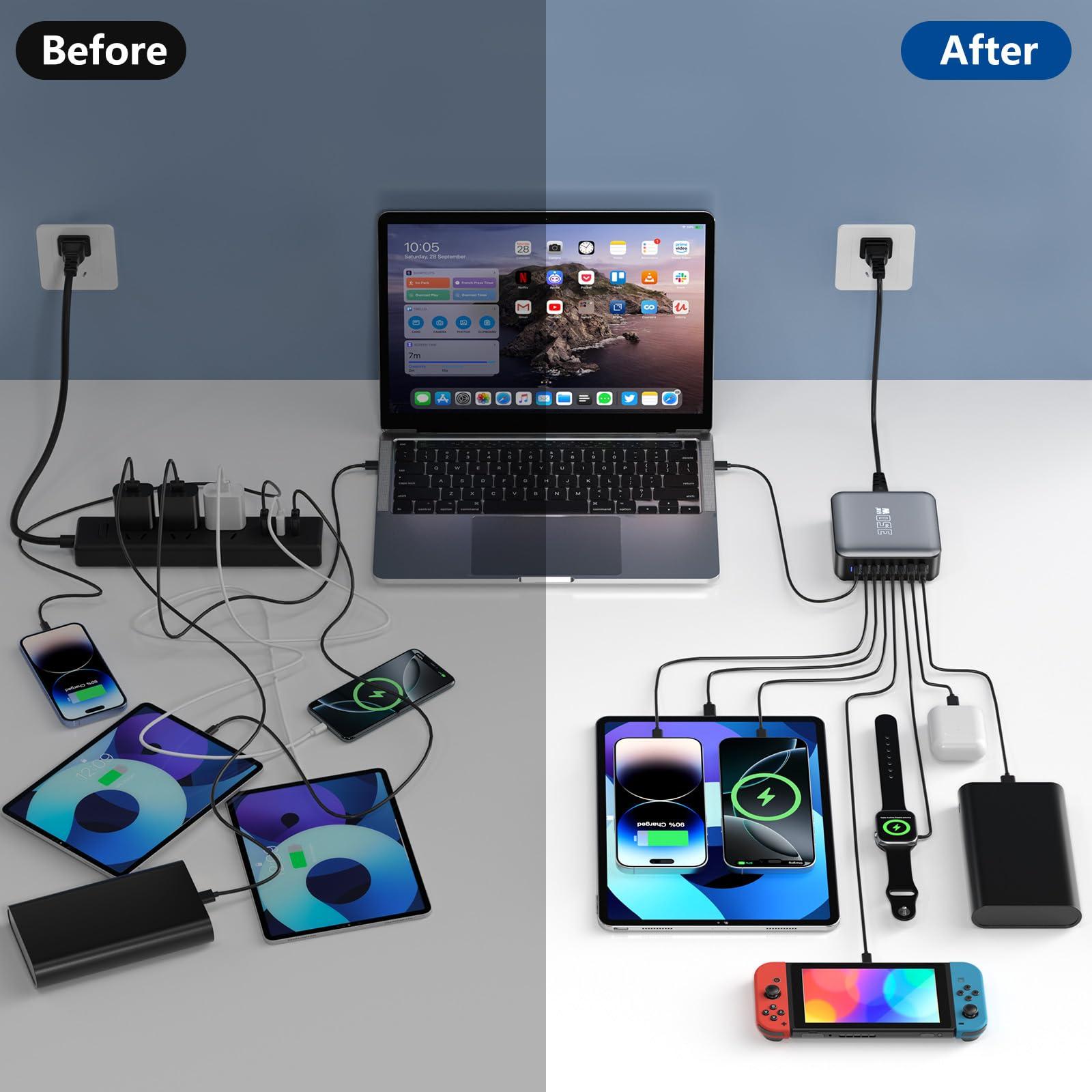 350W USB Fast Charging Station, 8 Port USB C Multi Port Charger Block with PD 100W Fast Charging Station for Multiple Devices, USB Charger Block Compatible iPhone, Android Cell Phone, Tablet, iPad - Image 5