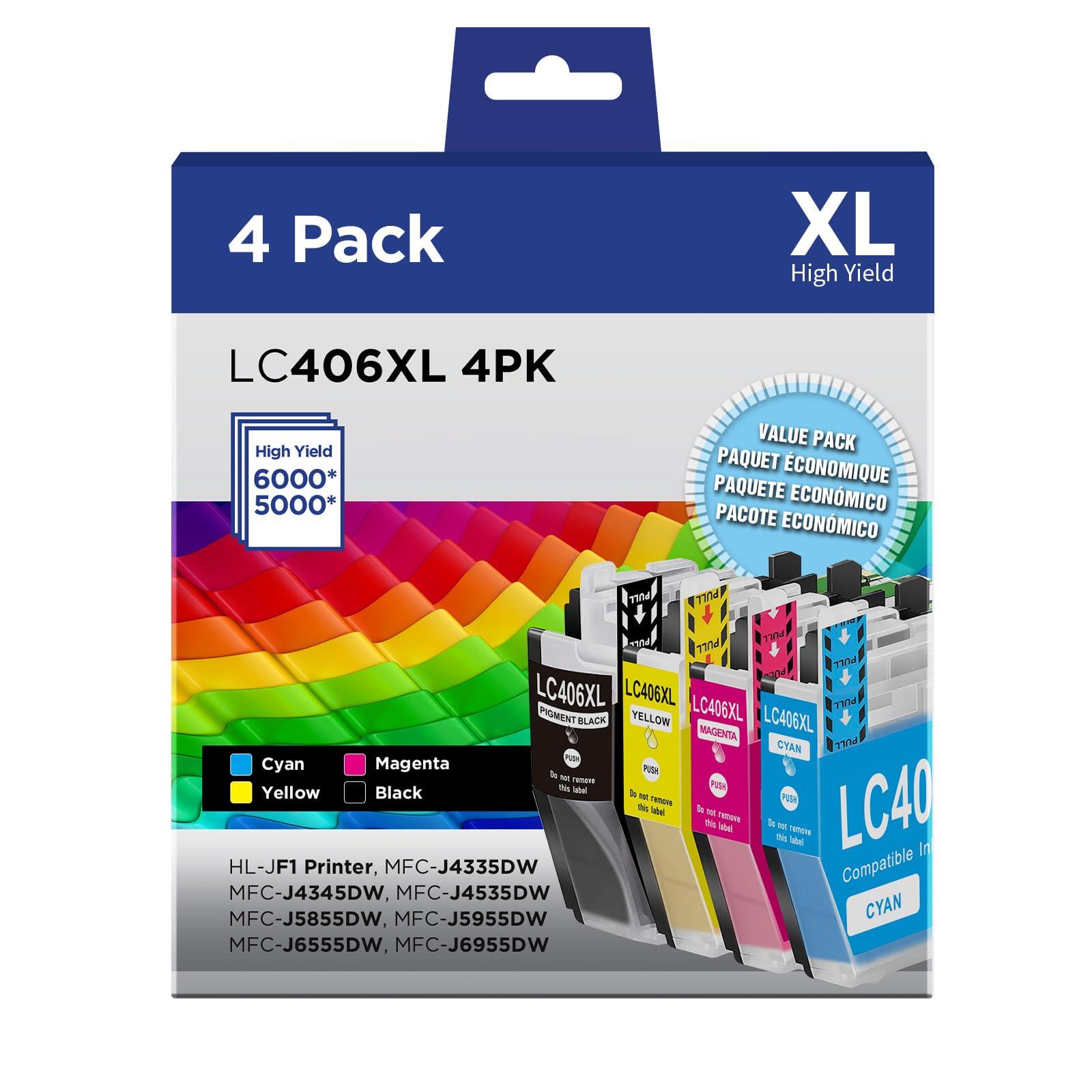 LC406XL Ink Cartridges Compatible for Brother LC406XL LC406 High Yield Work with Brother MFC-J4535DW MFC-J4335DW MFC-J5855DW MFC-J6555DW MFC-J6955DW Printer(Black, Cyan, Magenta, Yellow, 4Pack)