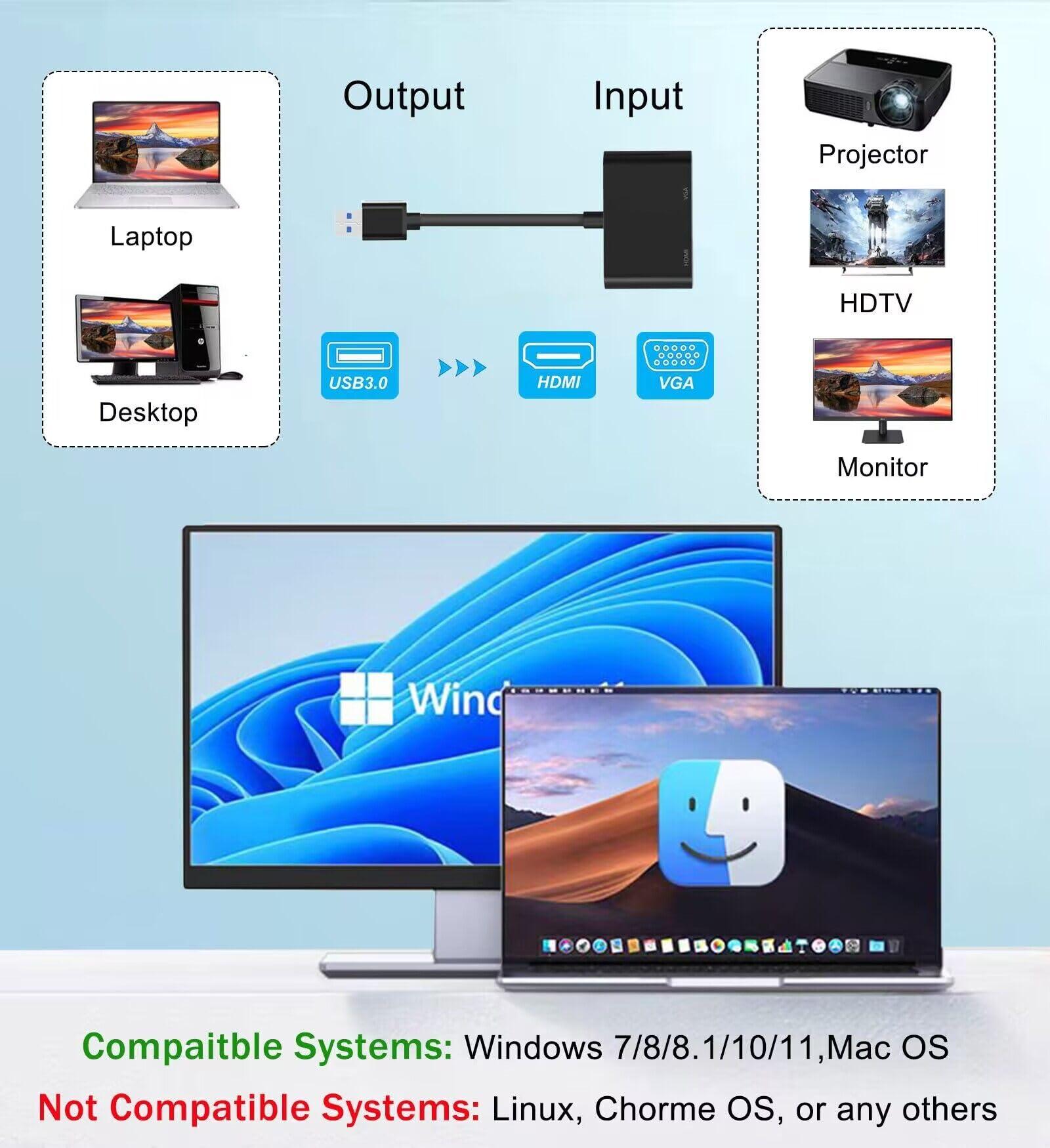 AKWOR USB 3.0 to HDMI VGA Adapter, USB to HDMI USB to VGA Adapter for 2 Monitors, 1920 * 1080P@60HZ Full HD Display Video Converter Comaptible with Windows 7/8/10/11 and Mac OS Systems - Image 4