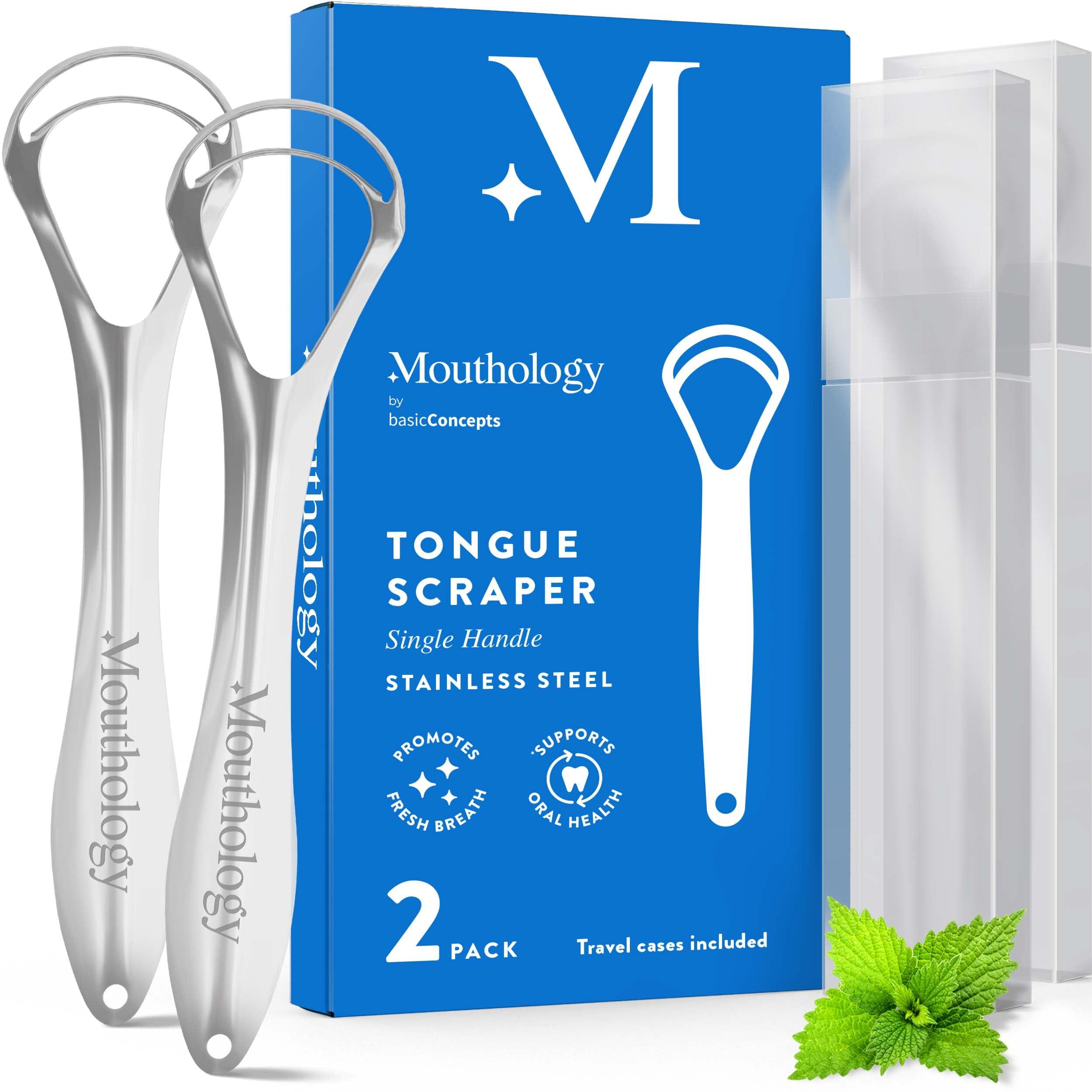 Mouthology Tongue Scraper for Adults (2 Pack), Reduce Bad Breath, Metal Tongue Scraper, Tongue Cleaner, Tongue Scraper, Stainless Steel Tongue Scraper, Tongue Cleaner for Adults, Tongue Scrubber