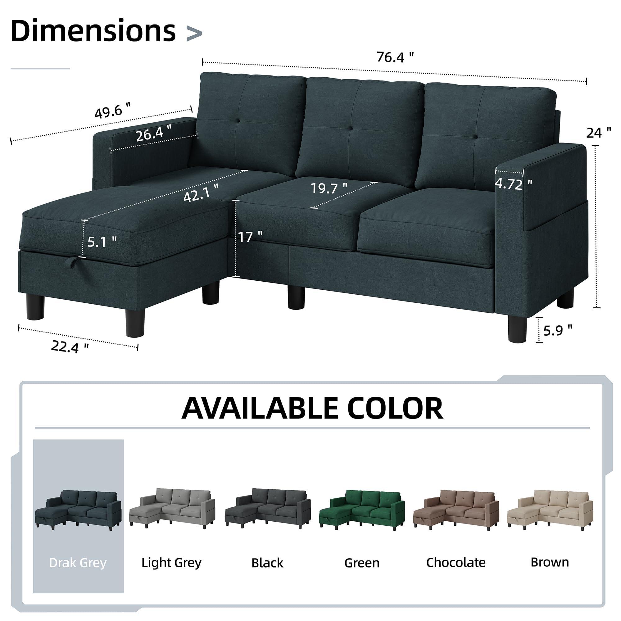 Shintenchi Small Sectional Couch with Ottoman, 3 Seat L Shaped Sofa, Fabric Upholstered Convertible Sofa Couches, Small Couch for Apartments, Living Room and Office(Dark Grey) - Image 2