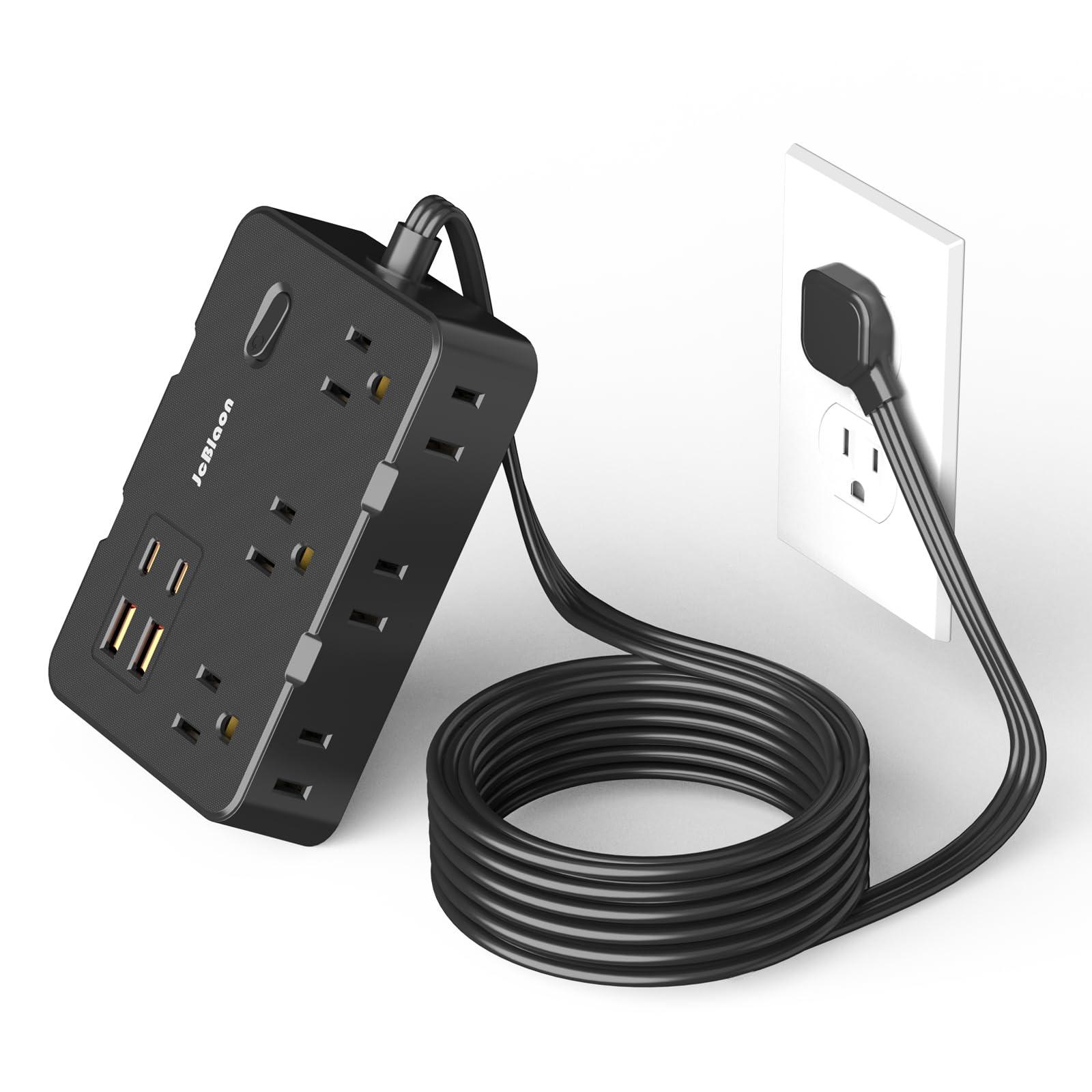 Flat Plug Power Strip Surge Protector, 5ft Ultra Thin Extension Cord with 4 USB Wall Charger(2 USB C Port), 6 Widely-Spaced Outlets Power Strip Compact for Travel, Office, Dorm Room Essentials (Black)