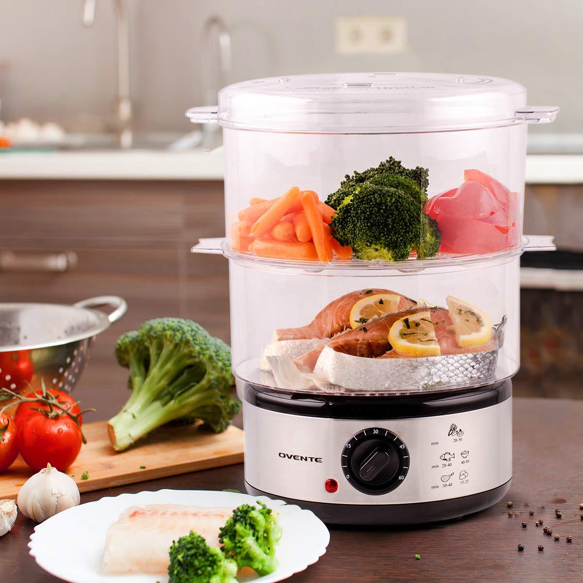 OVENTE 2 Tier Electric Food Steamer for Cooking Vegetables, Stainless Steel Base, Stackable and Dishwasher Safe Baskets, 400W with Auto Shutoff and 60-Minute Timer, 5 Quart Capacity, Silver FS62S - Image 2