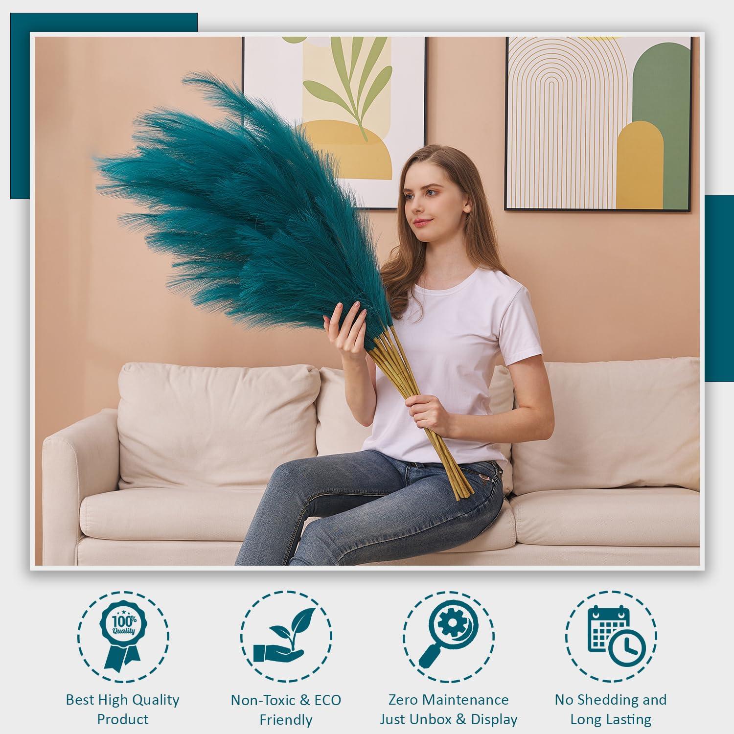 Aurora Prime 7 Pcs Faux Pampas Grass-45 Inches/3.75ft Large Boho Decor Fluffy Artificial Pompas Grass Décor Tall Vase Filler for Home Wedding Decoration (Blue) - Image 4
