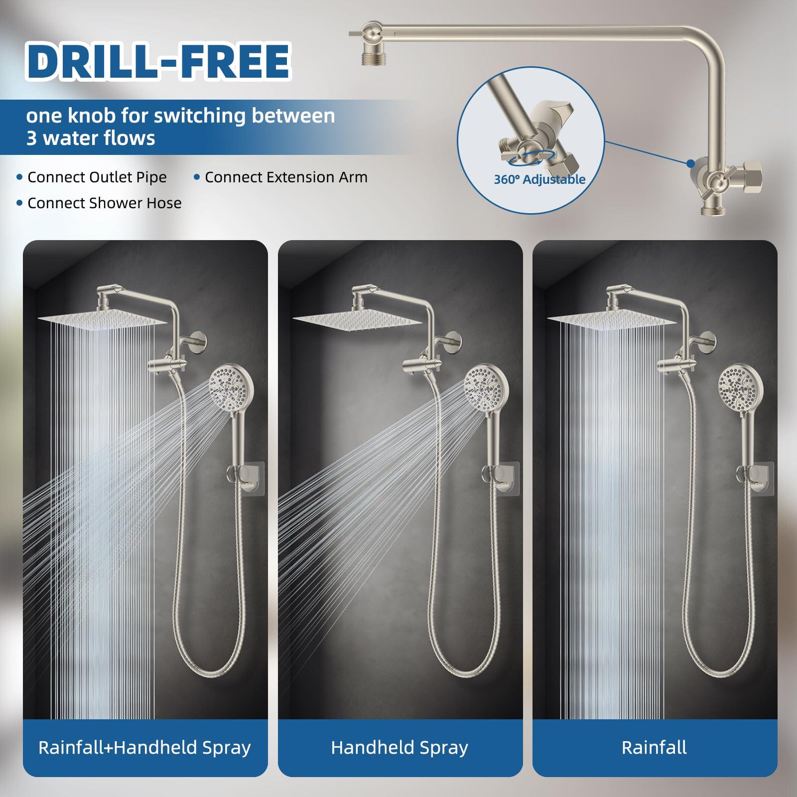 Hygie Rinse 12" All Metal Shower Head, High Pressure 10-Spray Handheld Showerhead Rainfall Shower Head Combo with 11" Adjustable Shower Extension Arm, 71" Hose, Shower Head Holder, Brushed Nickel - Image 6