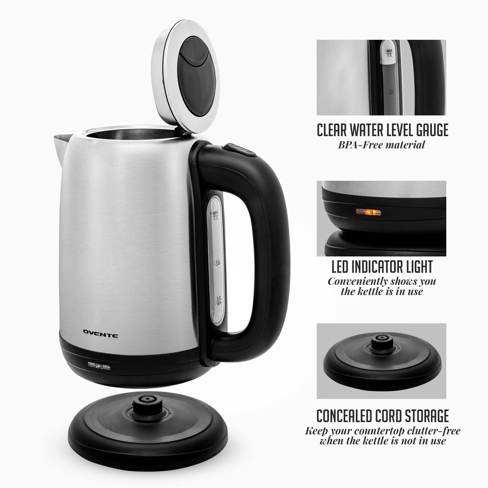 OVENTE Electric Tea Kettle Stainless Steel 1.7 Liter Portable Instant Water Boiler Heater 1100W Power Fast Boiling with Cordless Body and Automatic Shut Off for Coffee Milk Chocolate Silver KS27S - Image 5