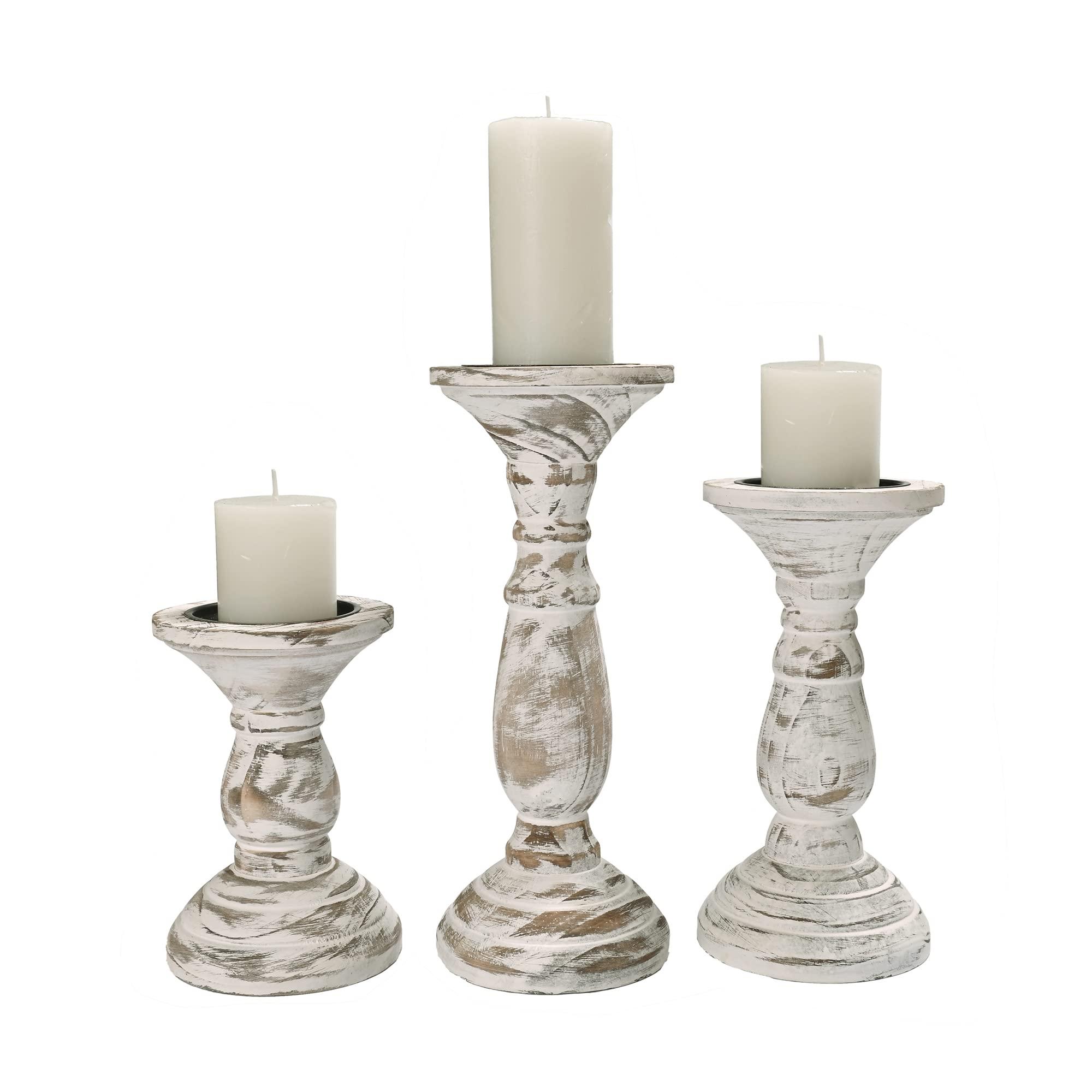 Yorkmills Pillar Candle Holder Set of 3, Farmhouse Decor Living Room Tall Candle Holders for Pillar Candles, Wood Candle Holders for Table Centerpieces White Home Decor Kitchen Dining Room Table Decor - Image 7