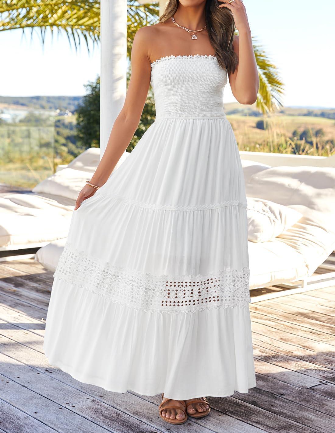 ZESICA Women's 2025 Summer Bohemian Strapless Off Shoulder Lace Trim Backless Flowy A Line Beach Long Maxi Dress - Image 9