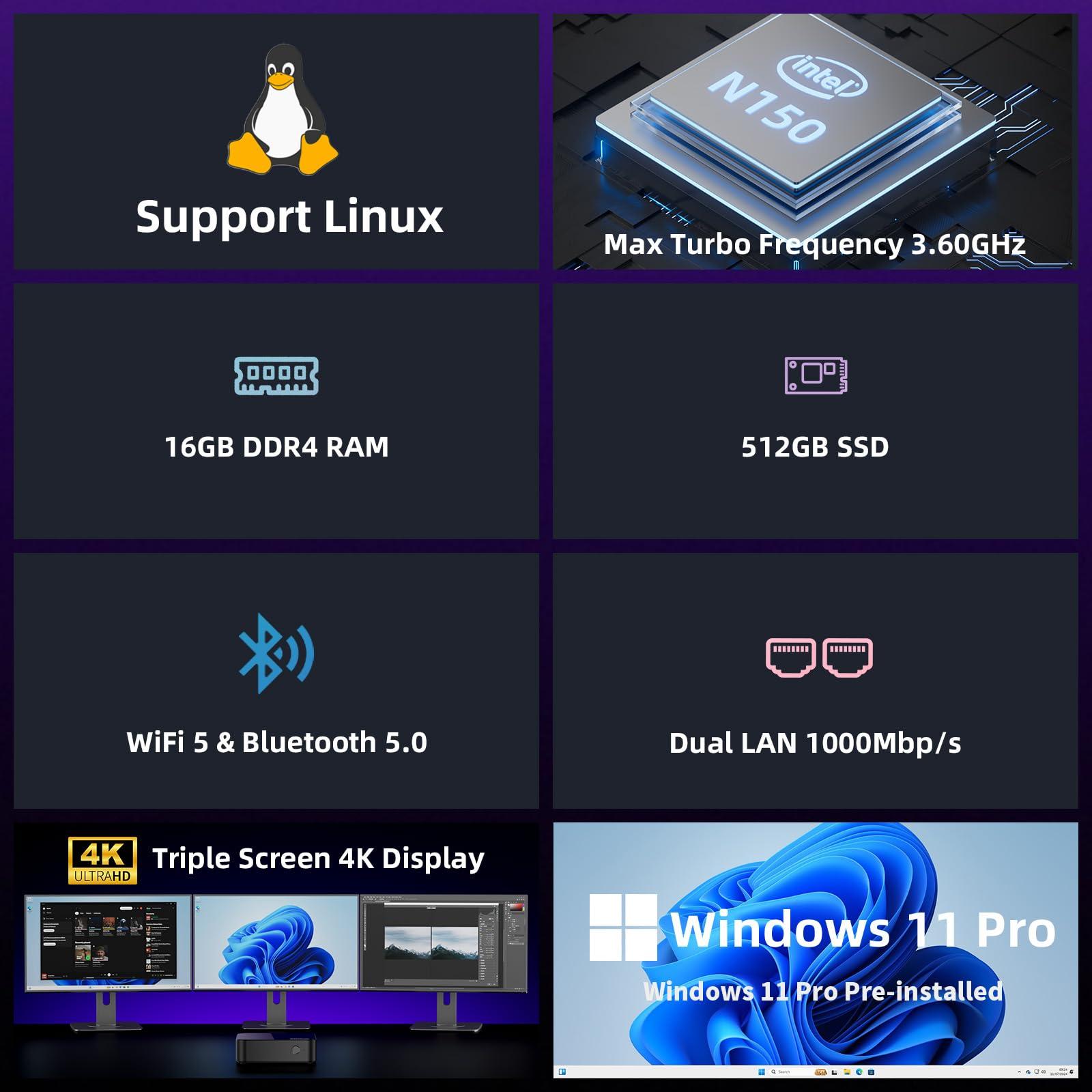 DreamQuest N150 Mini PC Come with OS, Intel N150 (up to 3.6GHz) Mini Desktop Computers 16GB DDR4 512GB M.2 SSD, Support 4K@60Hz, HDMI, USB,WiFi5,BT4.2, Dual LAN - Image 2