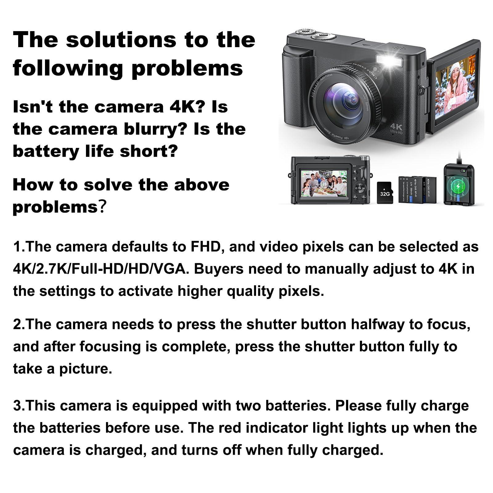 4K Digital Camera for Photography and Video, Autofocus Anti-Shake 48MP Vlogging Camera for YouTube, 3'' 180°Flip Screen Camera with Flash 16X Zoom, Digital Camera with 32GB Card Battery Charger Black - Image 8