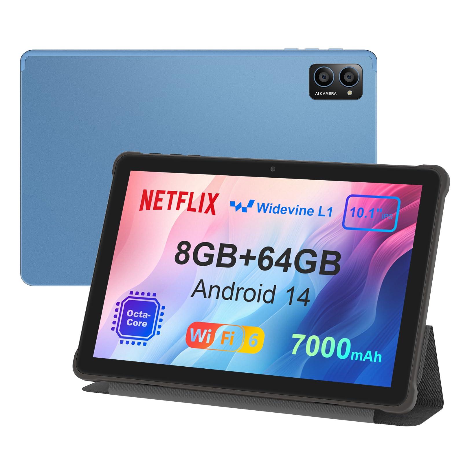 AWOW 10 inch Android 14 Tablet: 2025 8-Core CPU 8GB RAM 64GB ROM 1TB Expandable Widevine L1 Android Tablet 7000mAh Battery OTG IPS Face Recognition, Metal Body + Stand Case