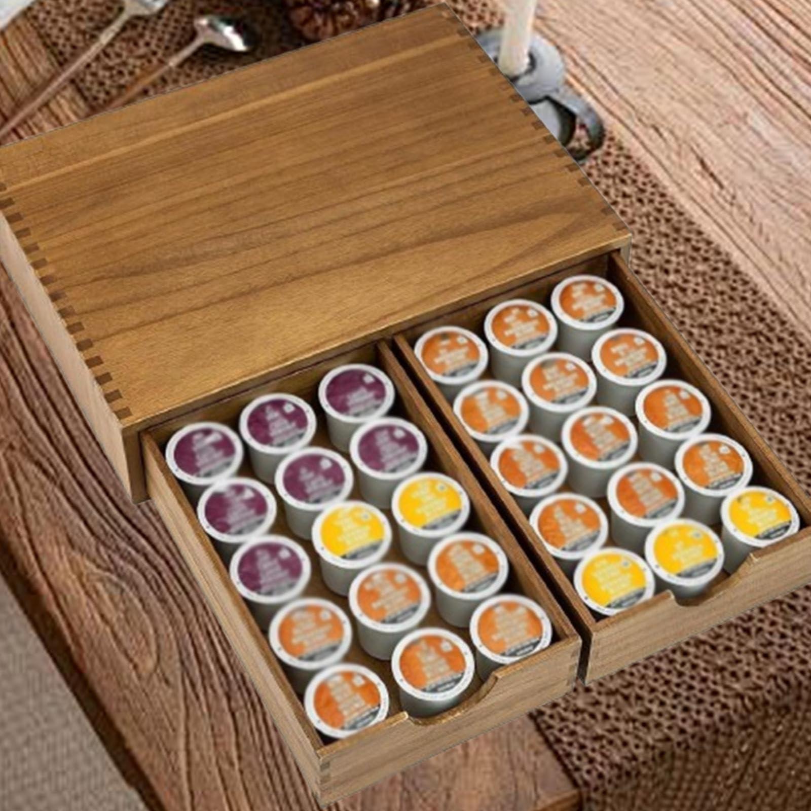 DimyFew Wooden Tea Storage Organizer with Drawer, Multifunctional Coffee Pod Storage Box for Kitchen Office Coffee Bar - Image 2